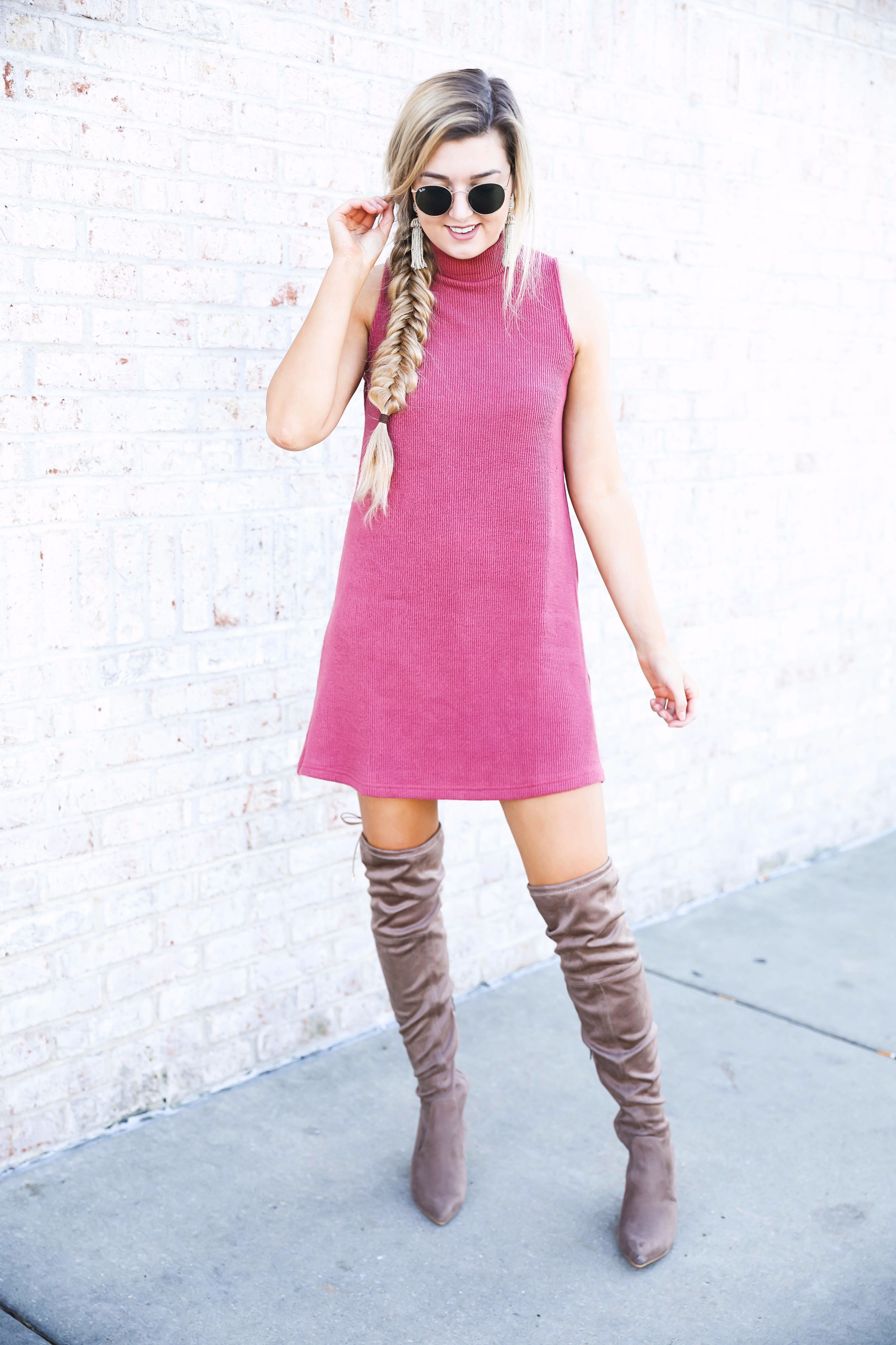 Red Dress Boutique sweater dress paired with suede over the knee boots! Cutest fall look on fashion blog daily dose of charm by lauren lindmark