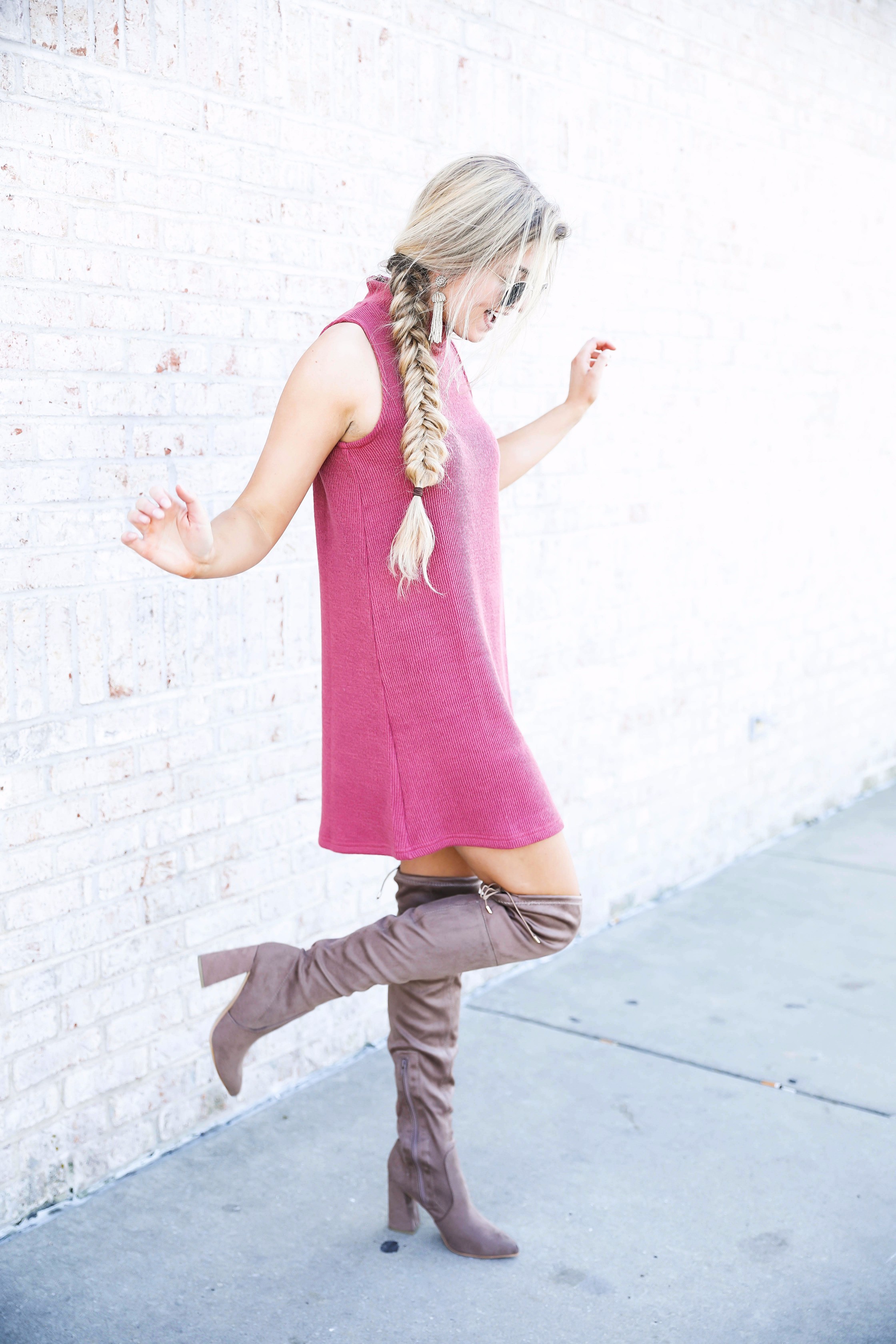 Red Dress Boutique sweater dress paired with suede over the knee boots! Cutest fall look on fashion blog daily dose of charm by lauren lindmark