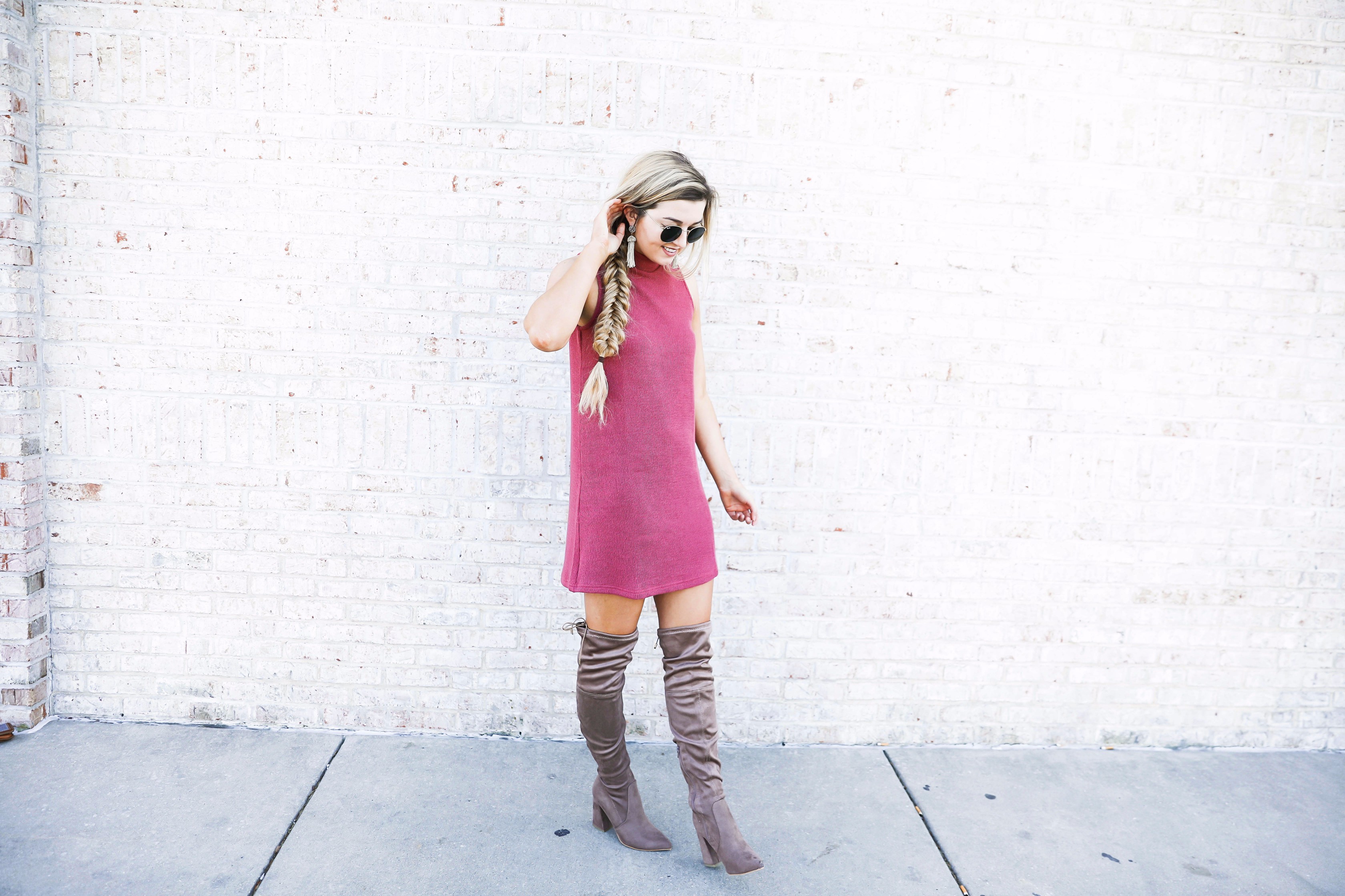 Red Dress Boutique sweater dress paired with suede over the knee boots! Cutest fall look on fashion blog daily dose of charm by lauren lindmark