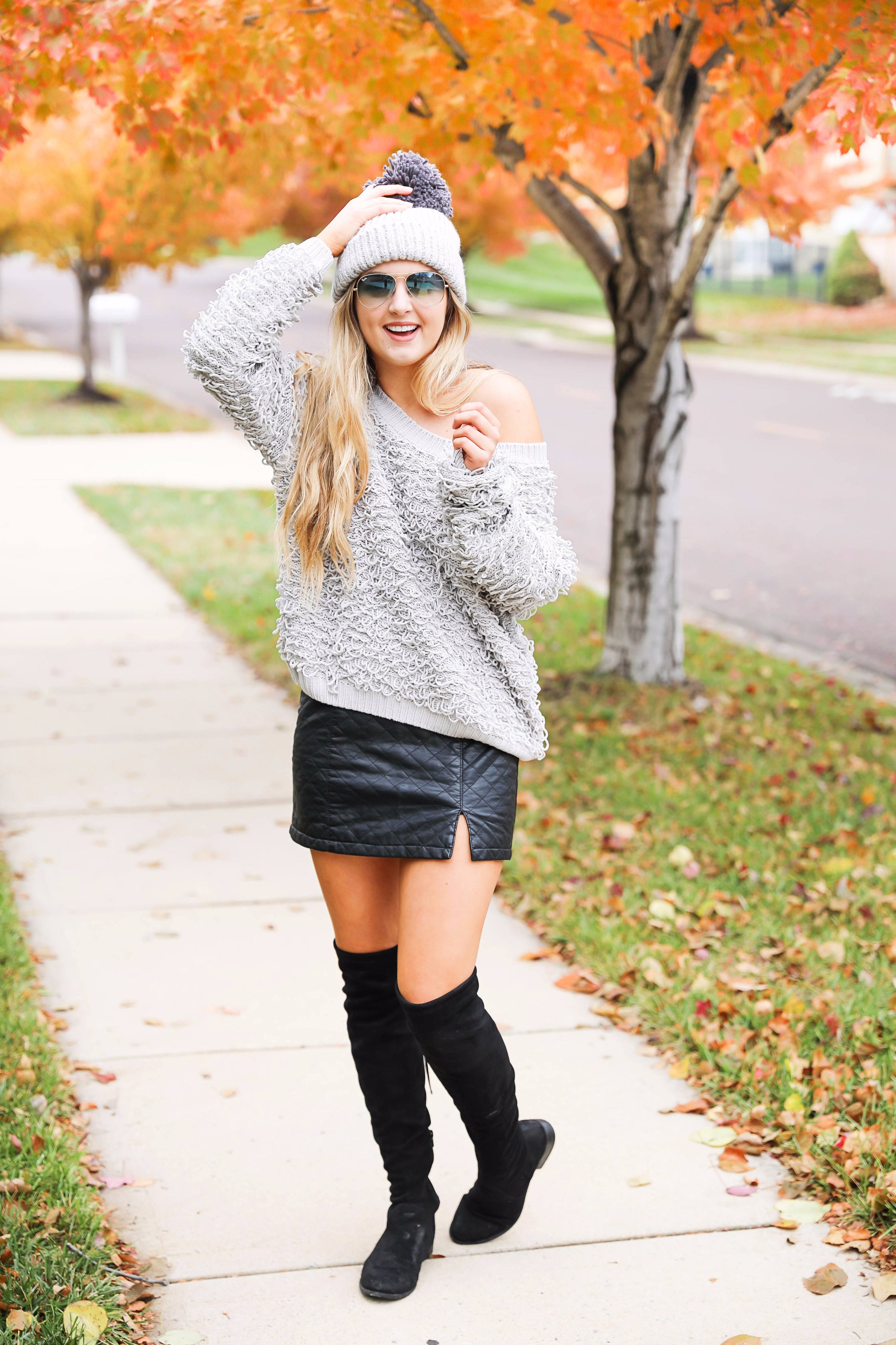 Leather skirt and clearance over the knee boots