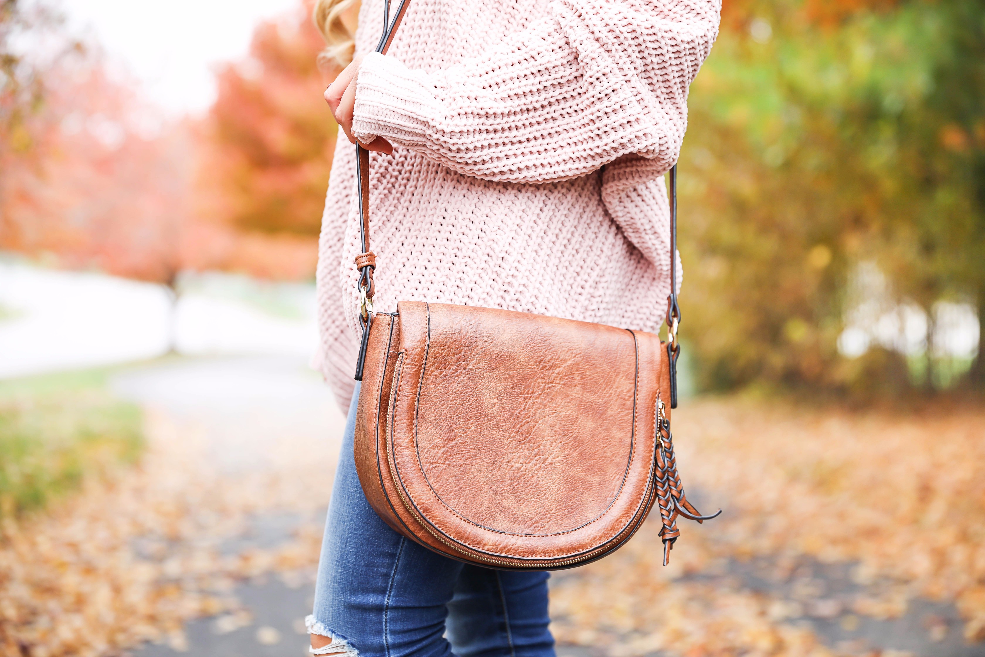 Pink slouchy sweater with cream free people bralette! The perfect sweater for bralettes! Pretty fall foliage photoshoot on fashion blog daily dose of charm by lauren lindmark