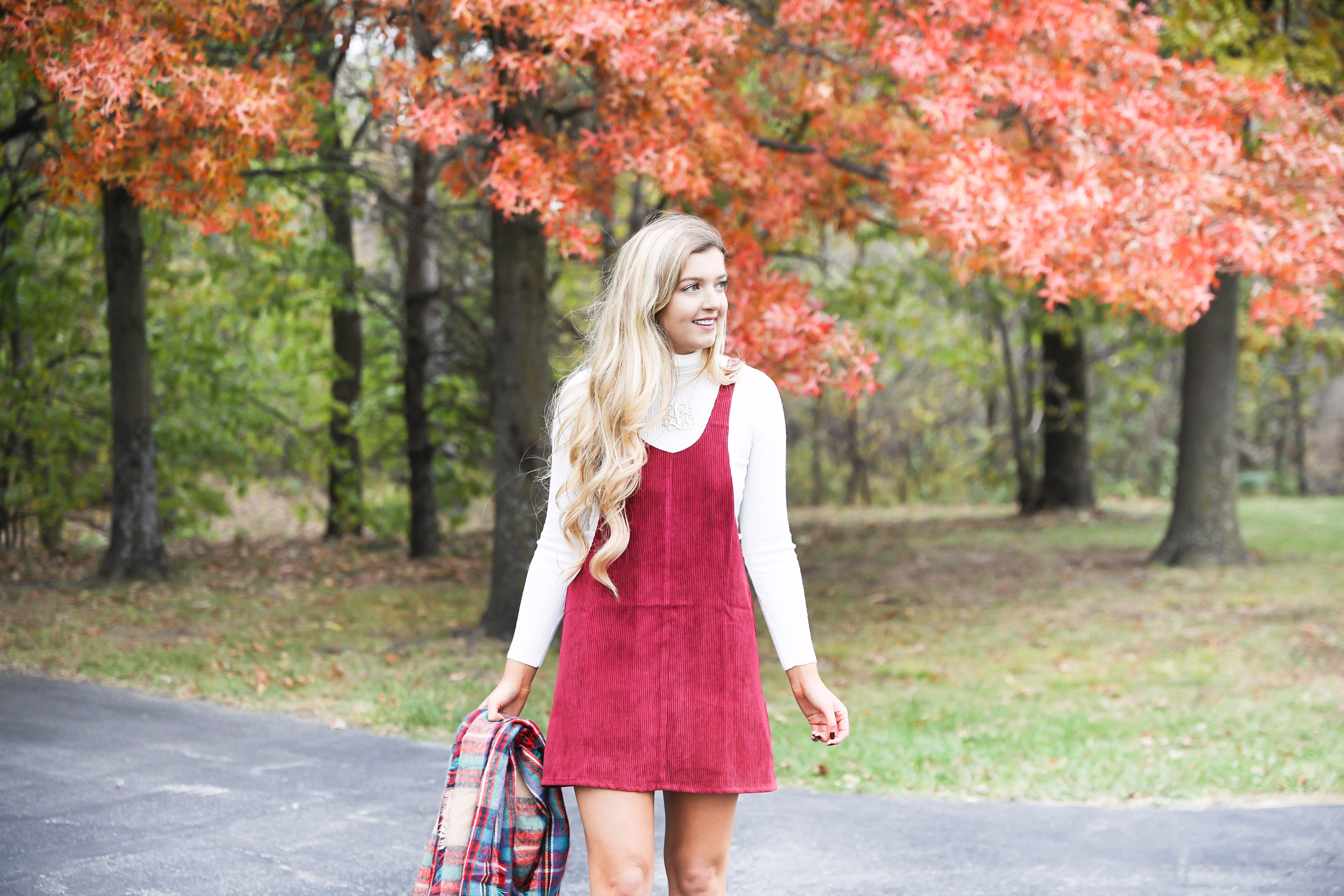Red corduroy dress with white turtleneck and blanket scarf fall outfit on fashion blog daily dose of charm lauren lindmark 4P6A1421
