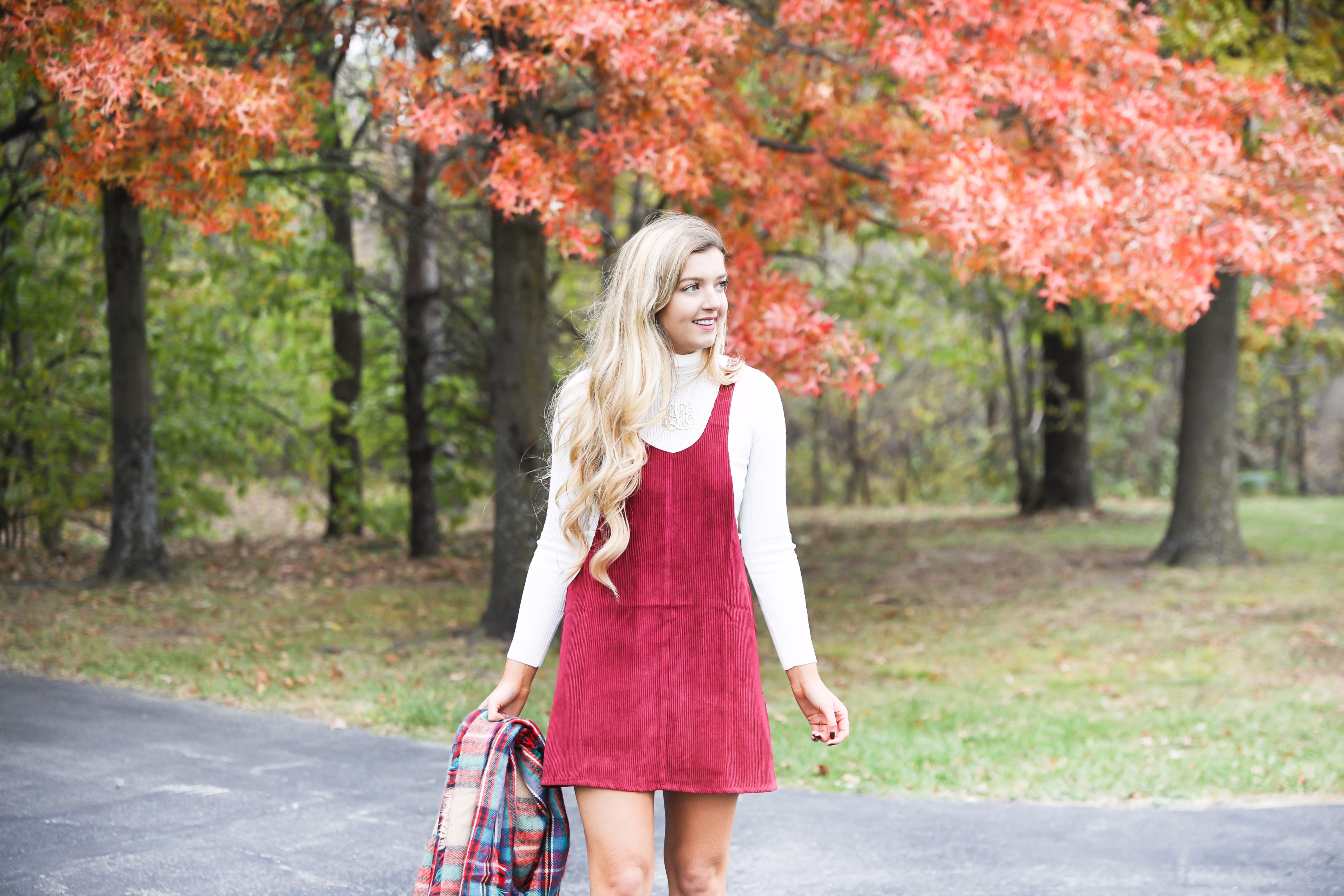 Red Scoop Neck Corduroy Dress for Fall OOTD Lauren Emily Wiltse