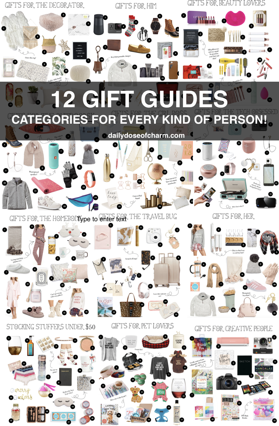 Gift guides for 2017! 12 gift guides for every kind of person, for her, him, technology lovers, beauty lovers, outdoorsy, travelers, pet lovers, girl bosses, creative people, stocking stuffers, decorator, and more!