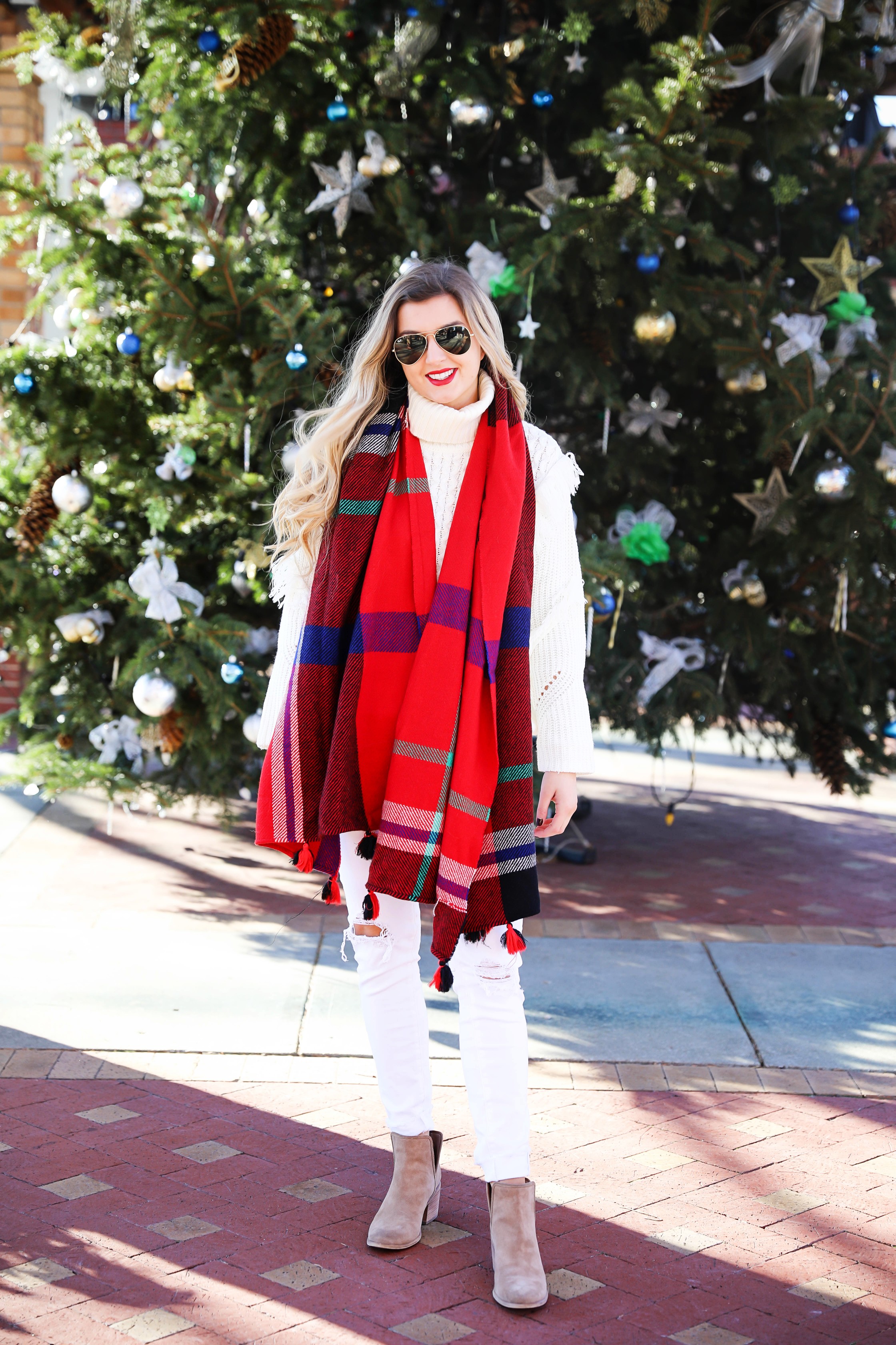 All white winter outfit with red plaid tassel scarf from j.crew. Also getting personal and talking about why I dropped out of college! Details on fashion blog daily dose of charm by lauren lindmark