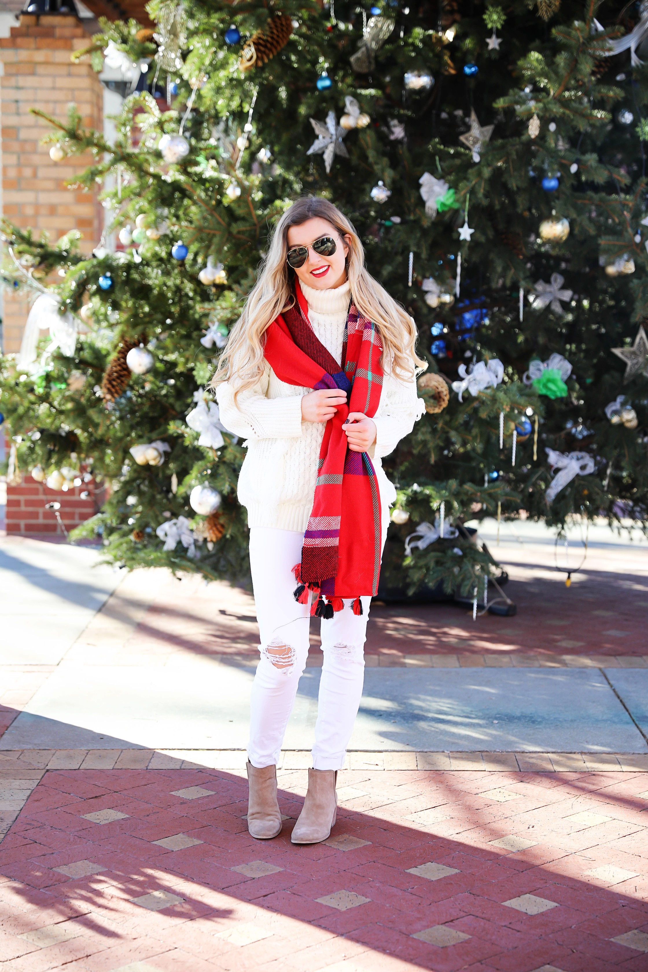 All white winter outfit with red plaid tassel scarf from j.crew. Also getting personal and talking about why I dropped out of college! Details on fashion blog daily dose of charm by lauren lindmark