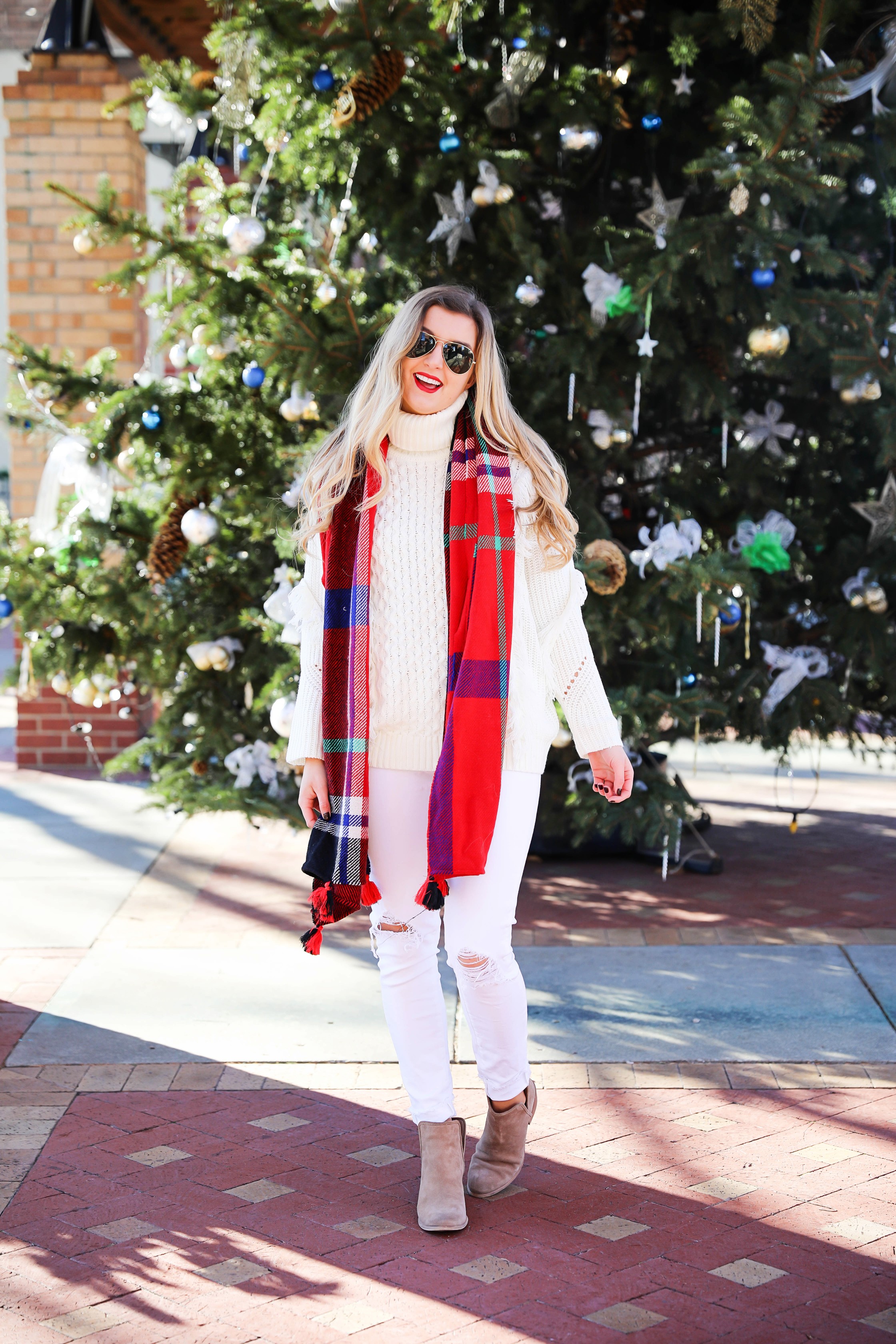 All white winter outfit with red plaid tassel scarf from j.crew. Also ...