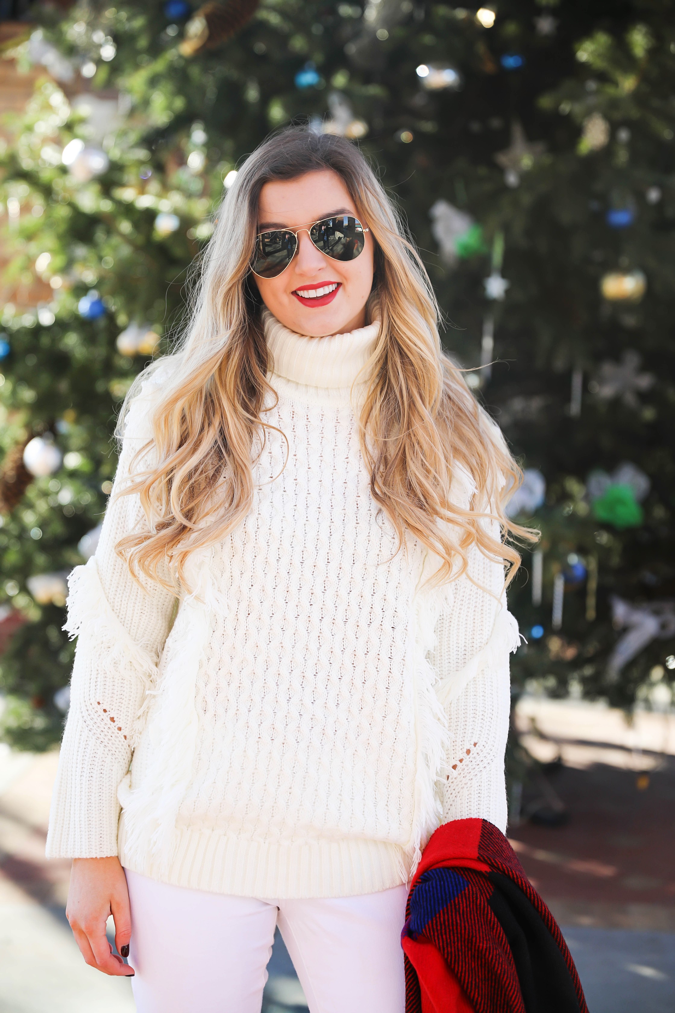 All white winter outfit with red plaid tassel scarf from j.crew. Also getting personal and talking about why I dropped out of college! Details on fashion blog daily dose of charm by lauren lindmark