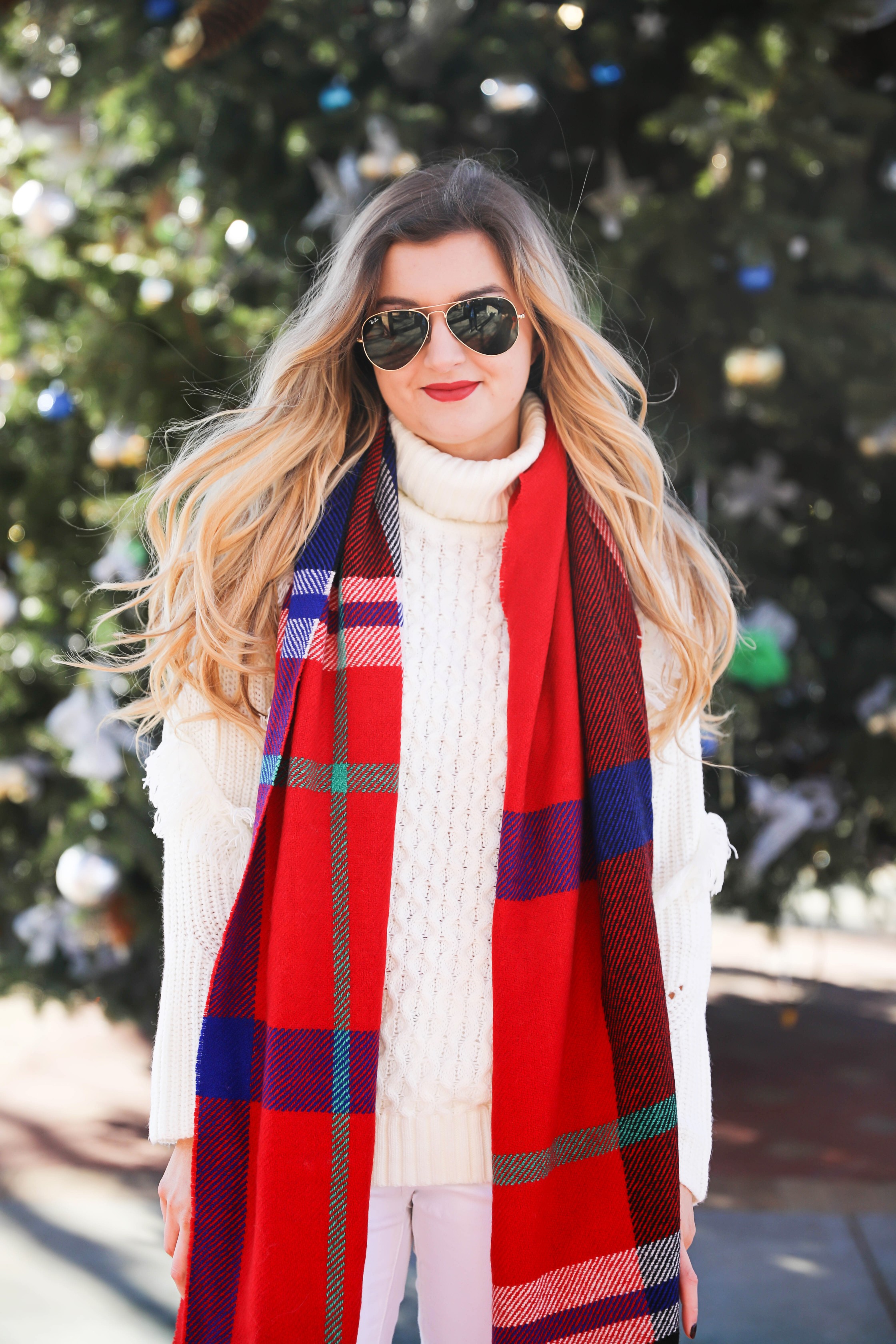 All white winter outfit with red plaid tassel scarf from j.crew. Also getting personal and talking about why I dropped out of college! Details on fashion blog daily dose of charm by lauren lindmark