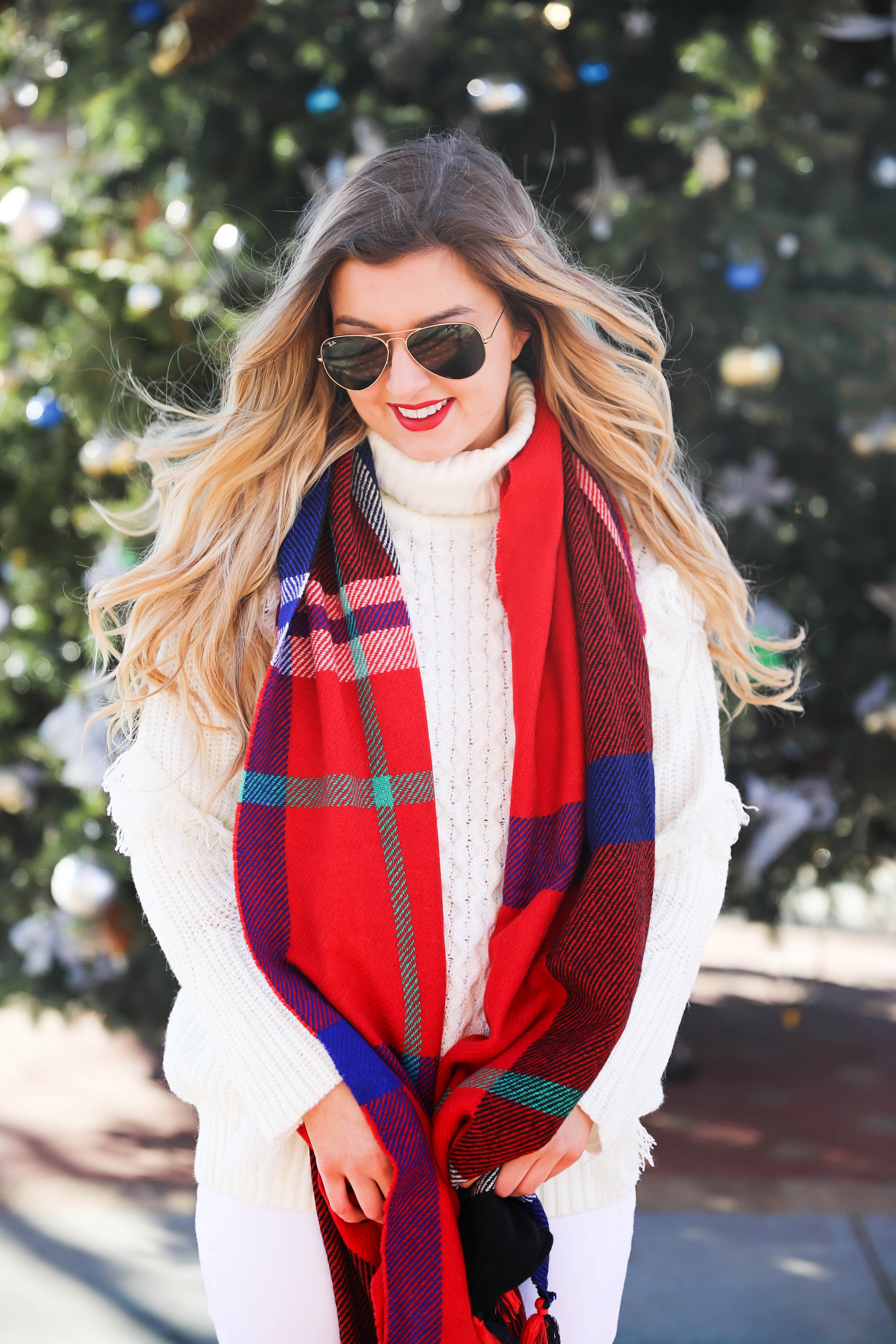 All white winter outfit with red plaid tassel scarf from j.crew. Also getting personal and talking about why I dropped out of college! Details on fashion blog daily dose of charm by lauren lindmark