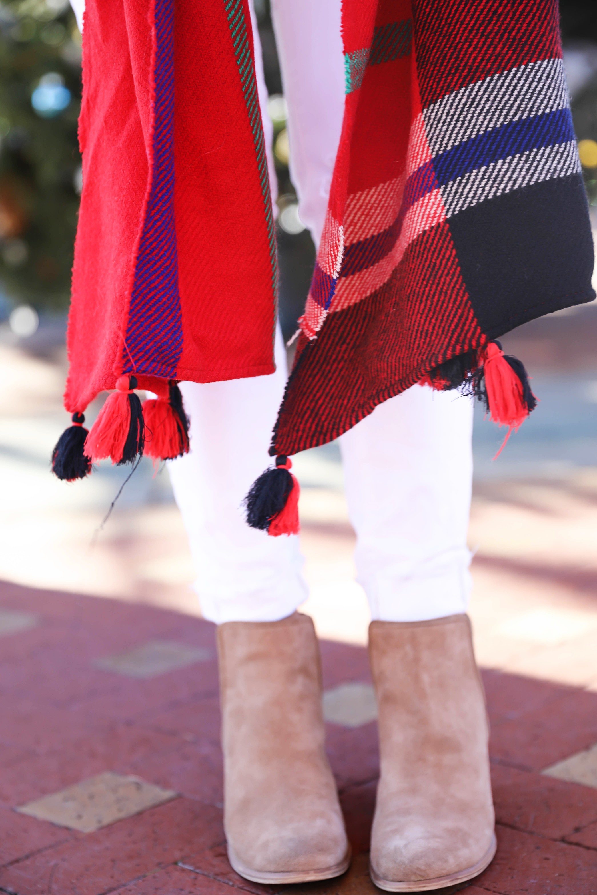 All white winter outfit with red plaid tassel scarf from j.crew. Also getting personal and talking about why I dropped out of college! Details on fashion blog daily dose of charm by lauren lindmark