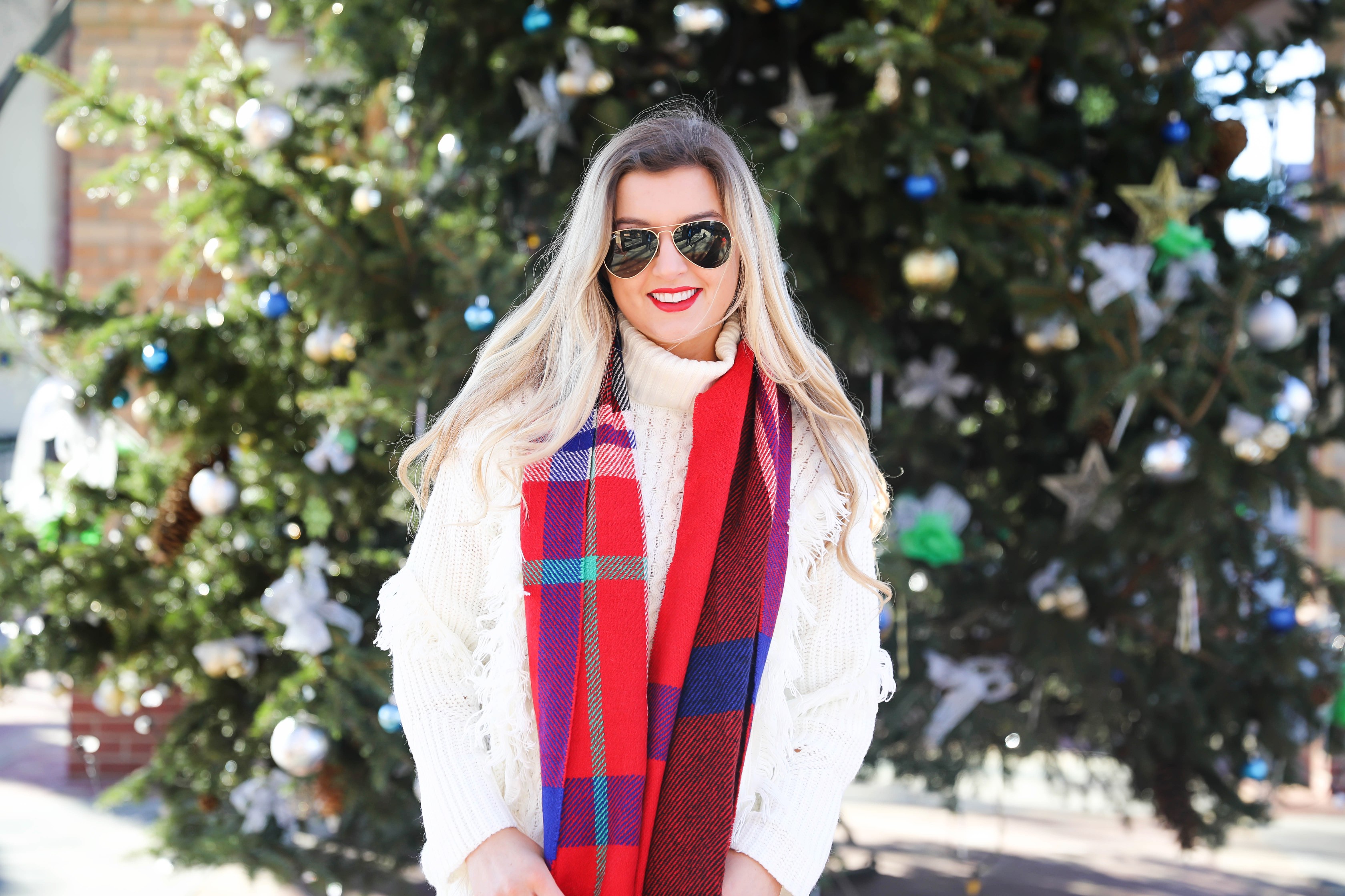 All white winter outfit with red plaid tassel scarf from j.crew. Also getting personal and talking about why I dropped out of college! Details on fashion blog daily dose of charm by lauren lindmark