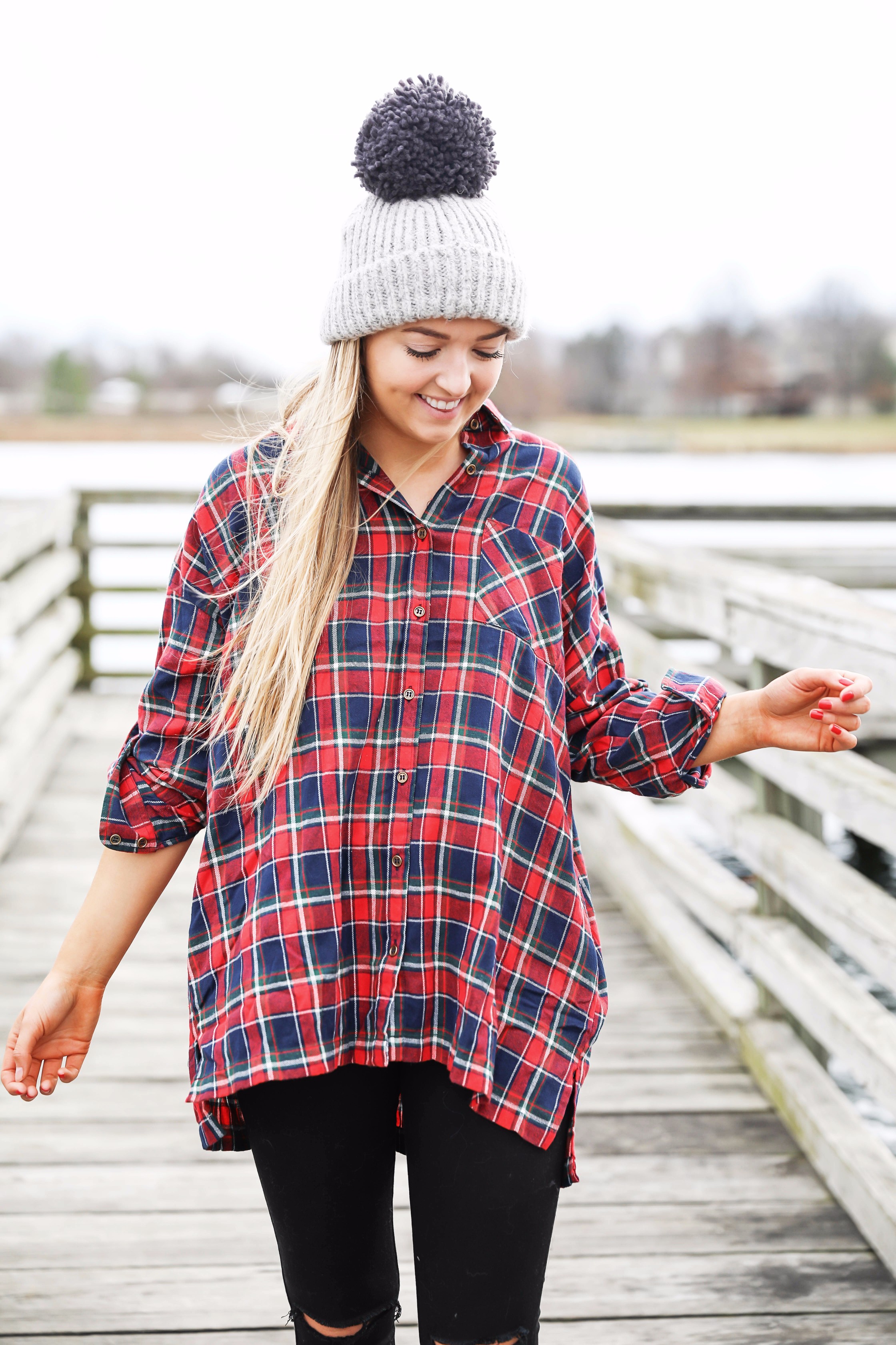 Cute flannel outfit with beanie and monogramed duck boots! Cute fall and winter camping outfit idea! Details on the fashion blog daily dose of charm by lauren lindmark