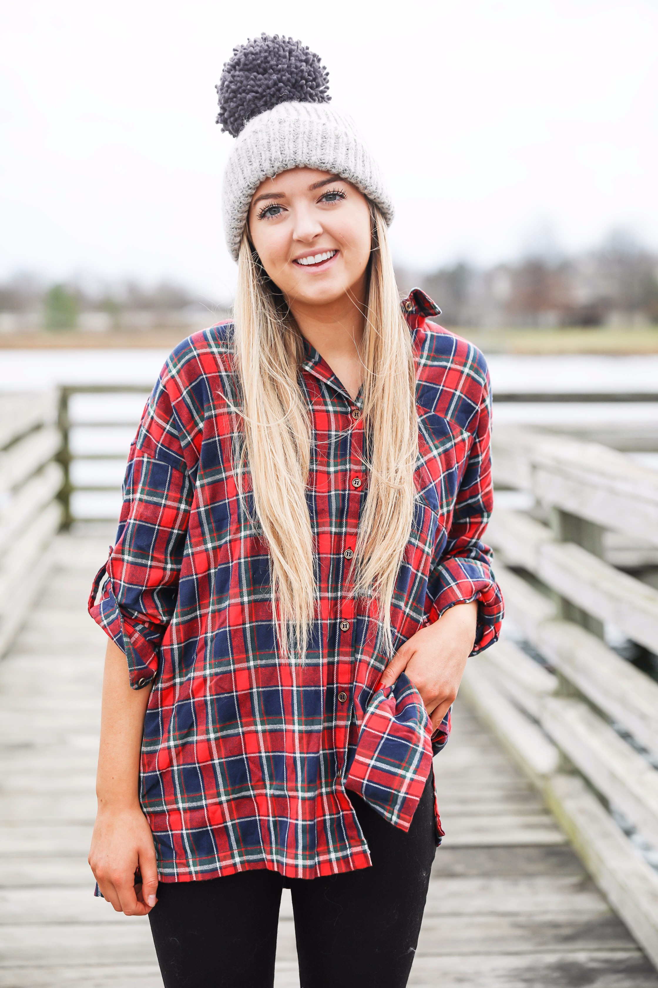 Cute flannel outfit with beanie and monogramed duck boots! Cute fall and winter camping outfit idea! Details on the fashion blog daily dose of charm by lauren lindmark