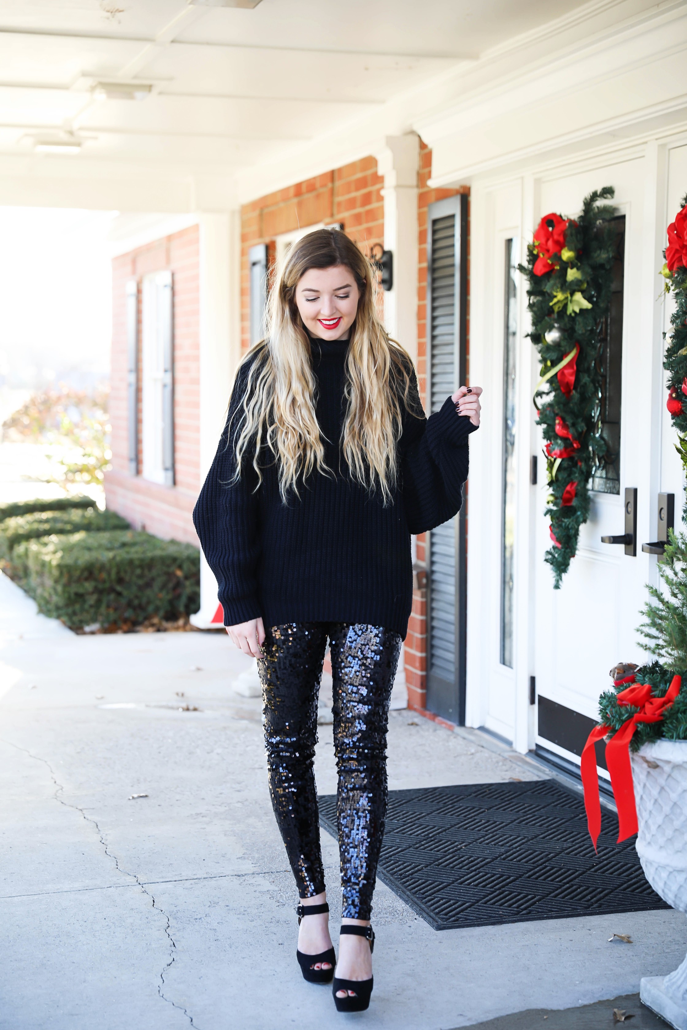 black sequin leggings outfit