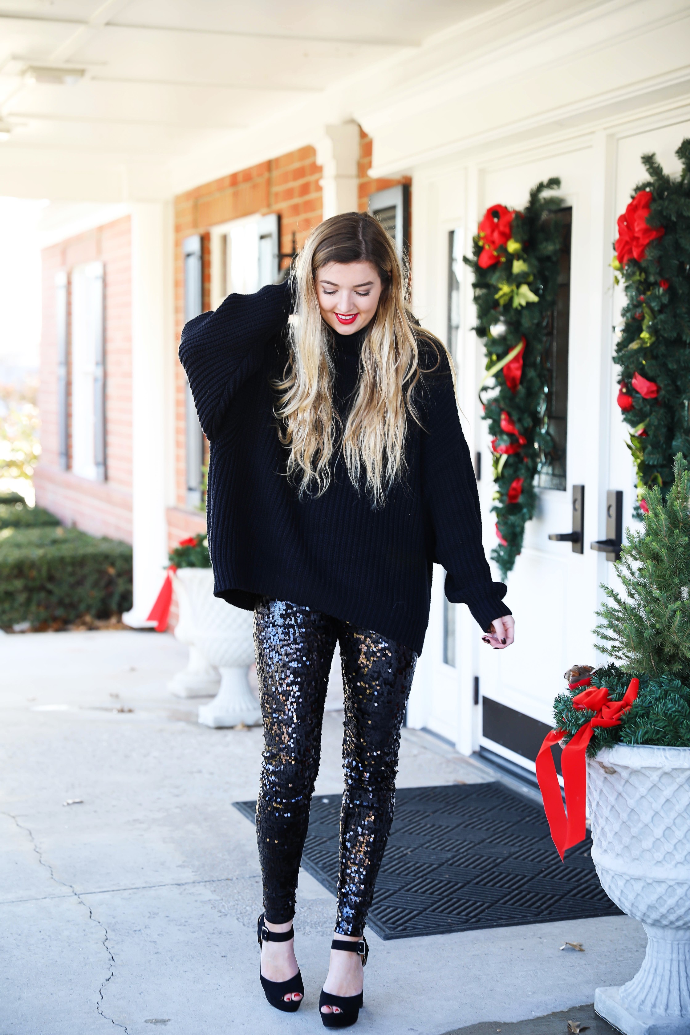 New Years eve outfit idea! Sequin pants and a black sweater, perfect for NYE! How to style sequin pants for nye! Details on fashio blog daily dose of charm by lauren lindmark