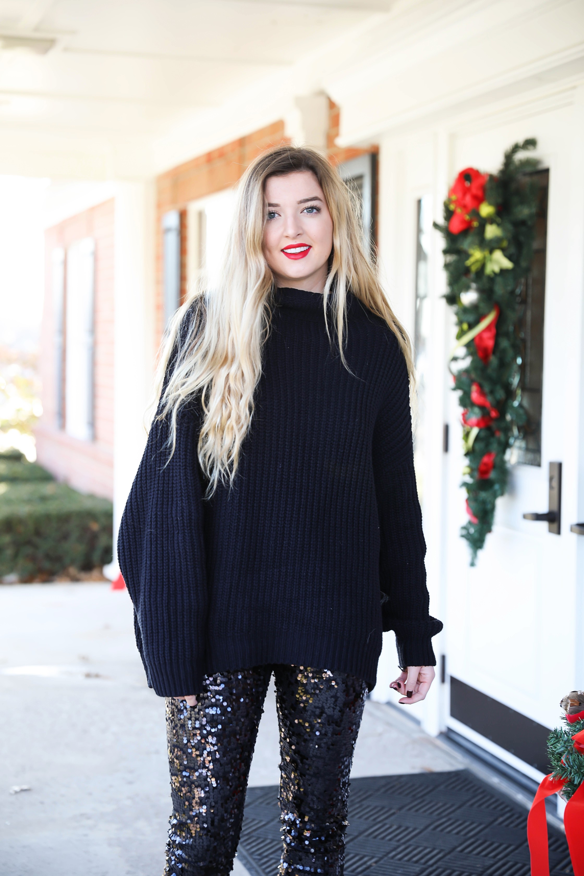 New Years eve outfit idea! Sequin pants and a black sweater, perfect for  NYE! How to style sequin pants for nye! Details on fashio blog daily dose  of charm by lauren lindmark –