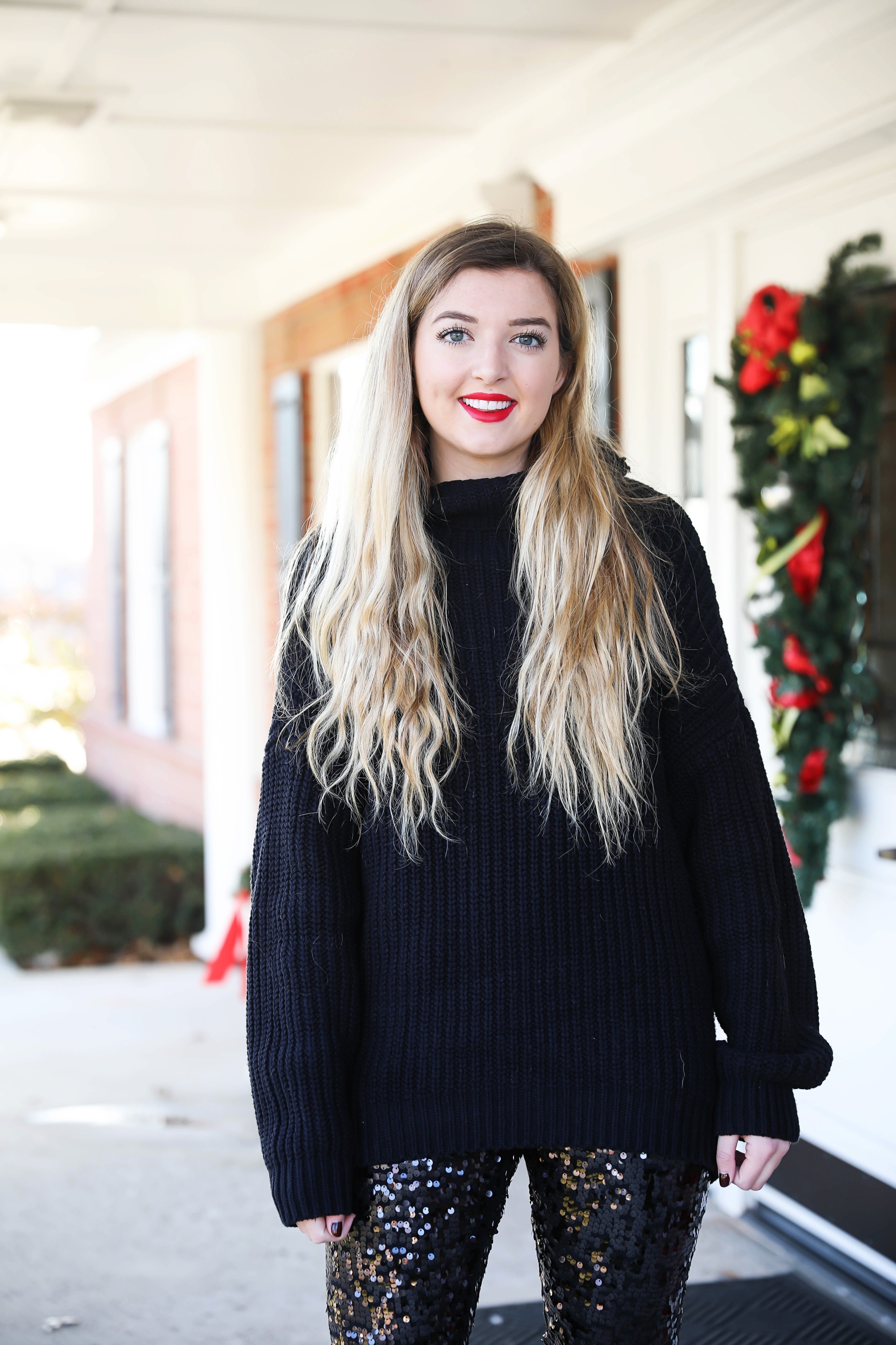 New Years eve outfit idea! Sequin pants and a black sweater, perfect for NYE! How to style sequin pants for nye! Details on fashio blog daily dose of charm by lauren lindmark