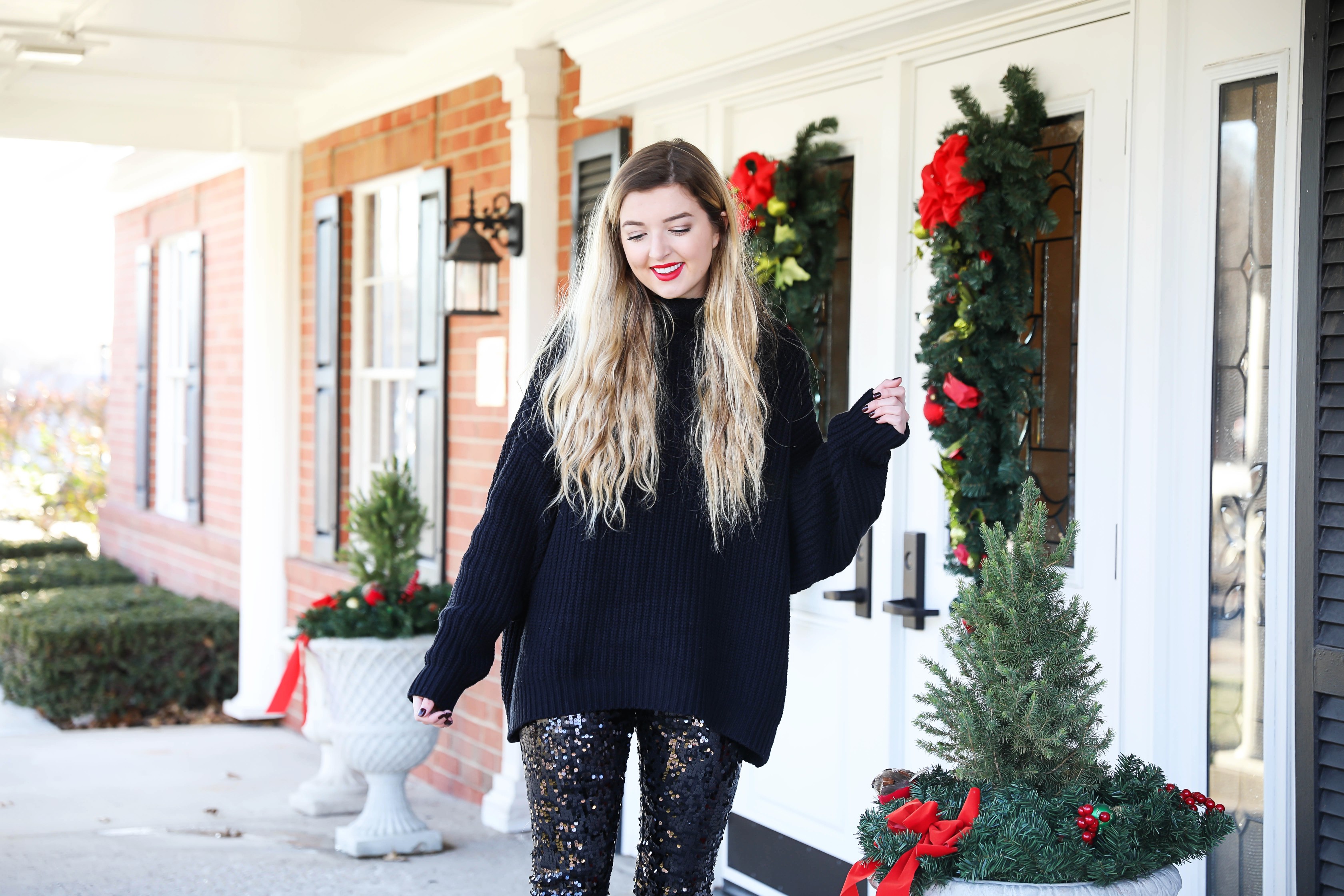 New Years eve outfit idea! Sequin pants and a black sweater, perfect for NYE! How to style sequin pants for nye! Details on fashio blog daily dose of charm by lauren lindmark