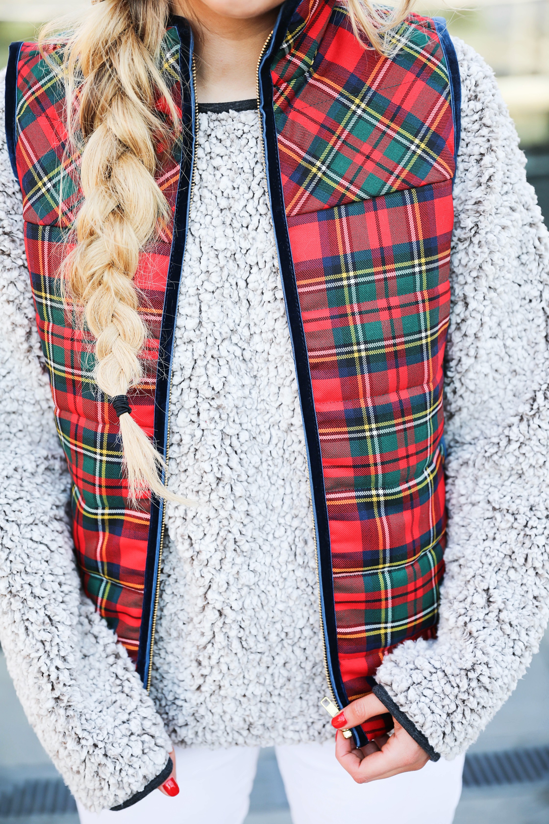 Tartan plaid j.crew vest with Dylan true grit comfy crewneck sweatshirt with white ripped jeans and side braid with long hair. Find the details for this winter outfit on fashion blog daily dose of charm by lauren Lindmark 