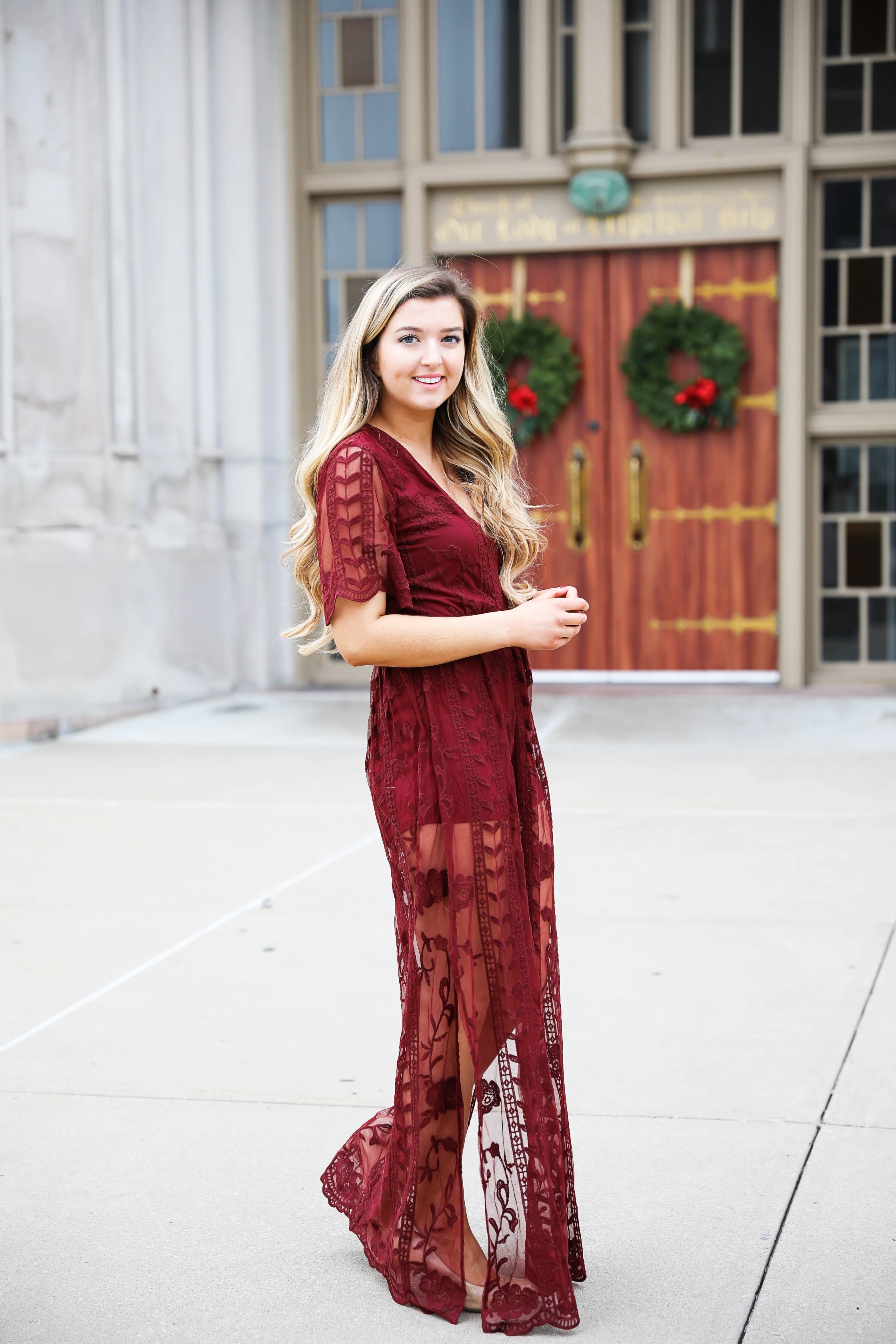 Red lace romper maxi dress for christmas! The cutest holiday dress! What I wore on christmas eve this year. Christmas Day outfit. Details on fashion blog daily dose of charm by lauren lindmark