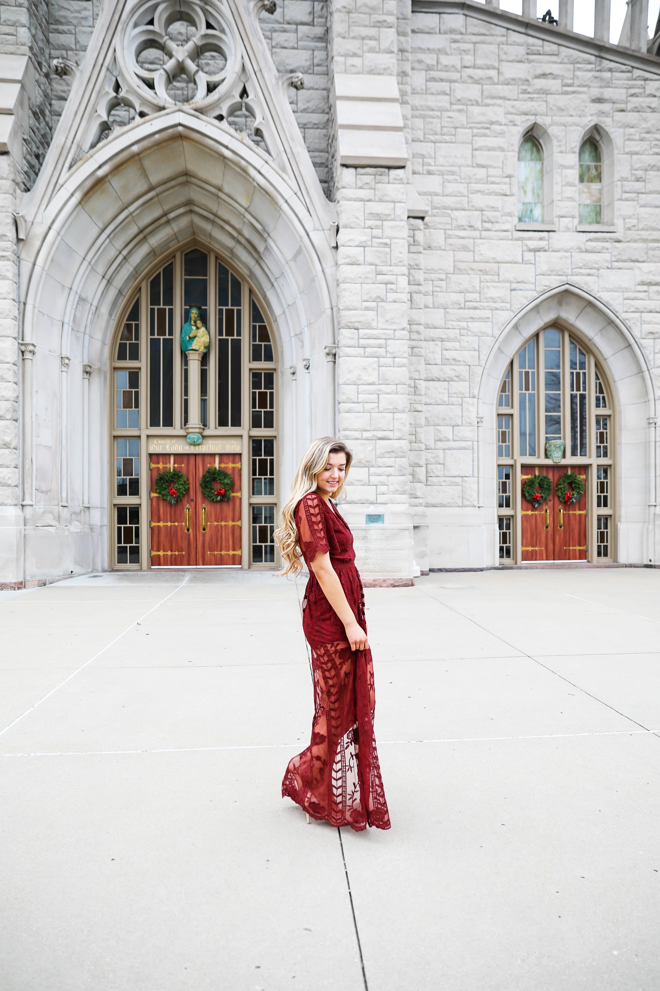 Red lace romper maxi dress for christmas! The cutest holiday dress! What I wore on christmas eve this year. Christmas Day outfit. Details on fashion blog daily dose of charm by lauren lindmark