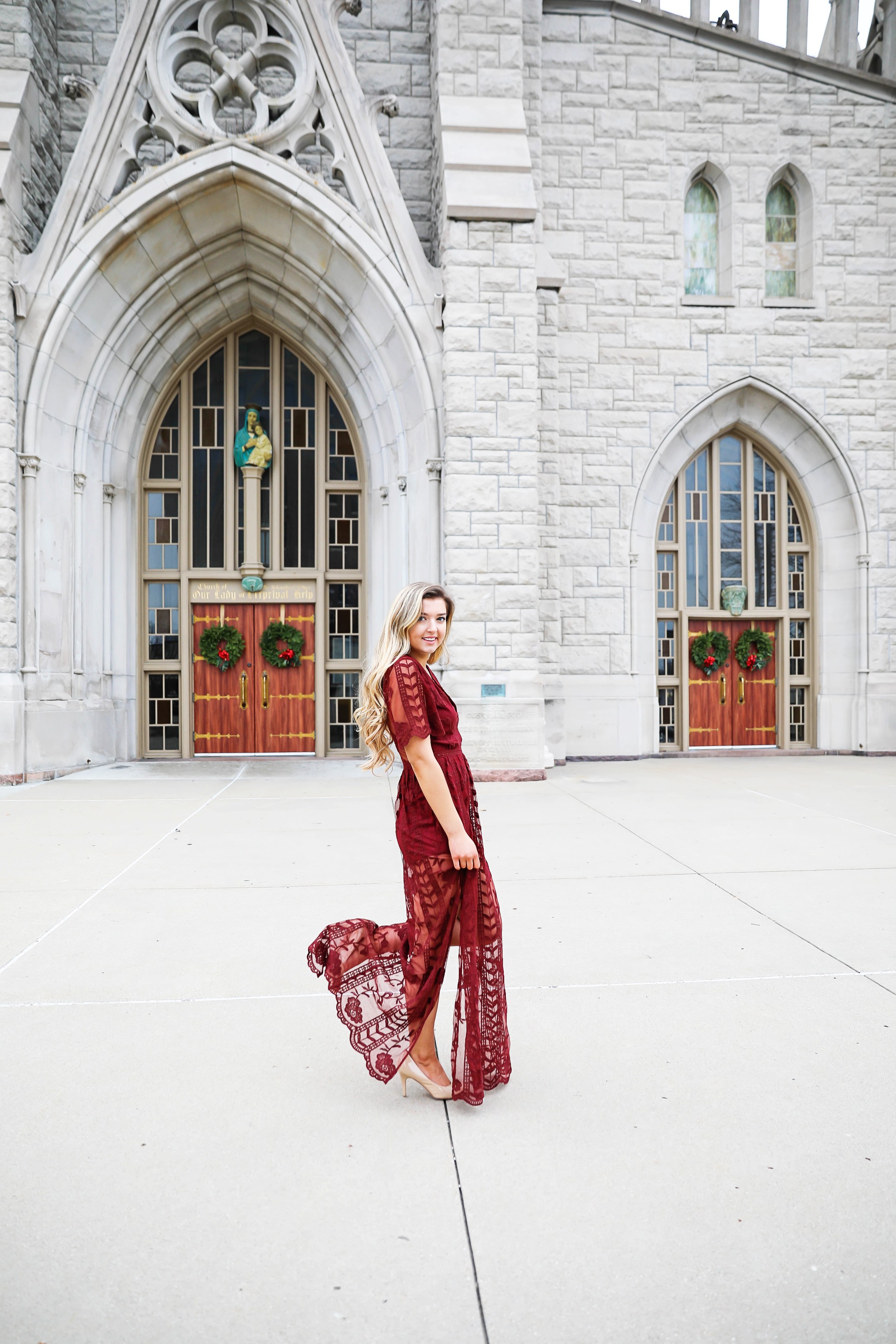 Red lace romper maxi dress for christmas! The cutest holiday dress! What I wore on christmas eve this year. Christmas Day outfit. Details on fashion blog daily dose of charm by lauren lindmark