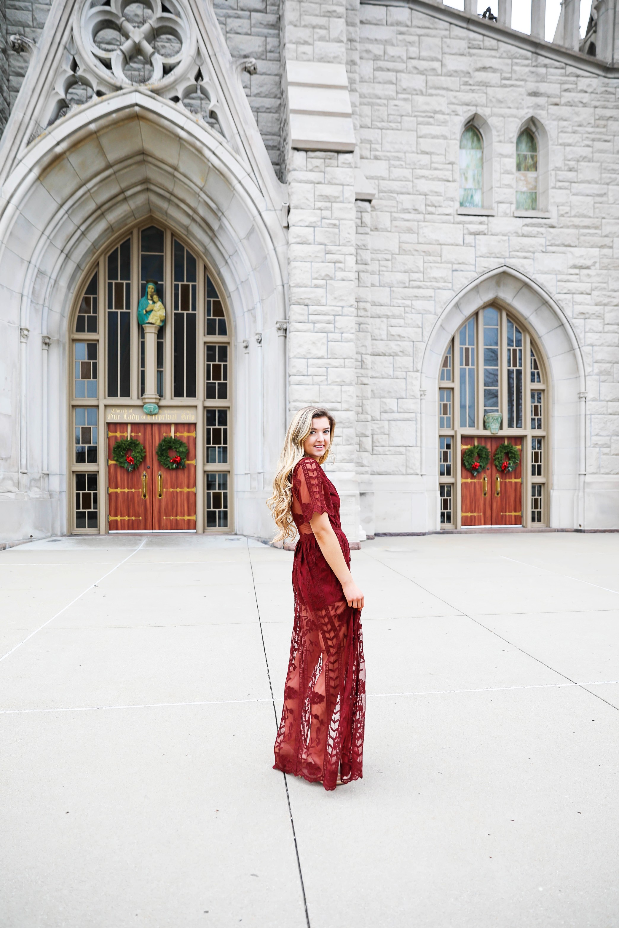 Red lace romper maxi dress for christmas! The cutest holiday dress! What I wore on christmas eve this year. Christmas Day outfit. Details on fashion blog daily dose of charm by lauren lindmark