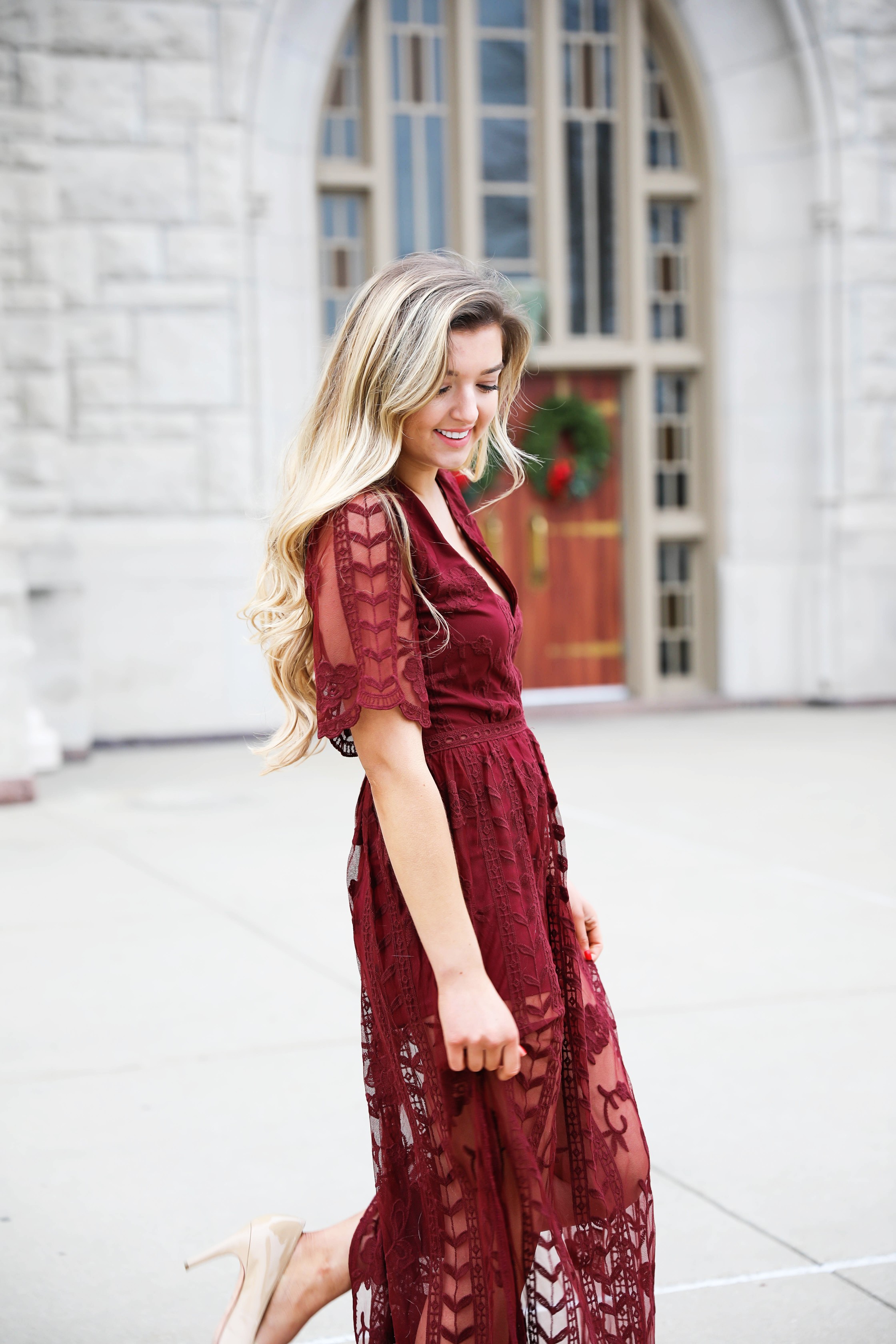 Red lace romper maxi dress for christmas! The cutest holiday dress! What I wore on christmas eve this year. Christmas Day outfit. Details on fashion blog daily dose of charm by lauren lindmark