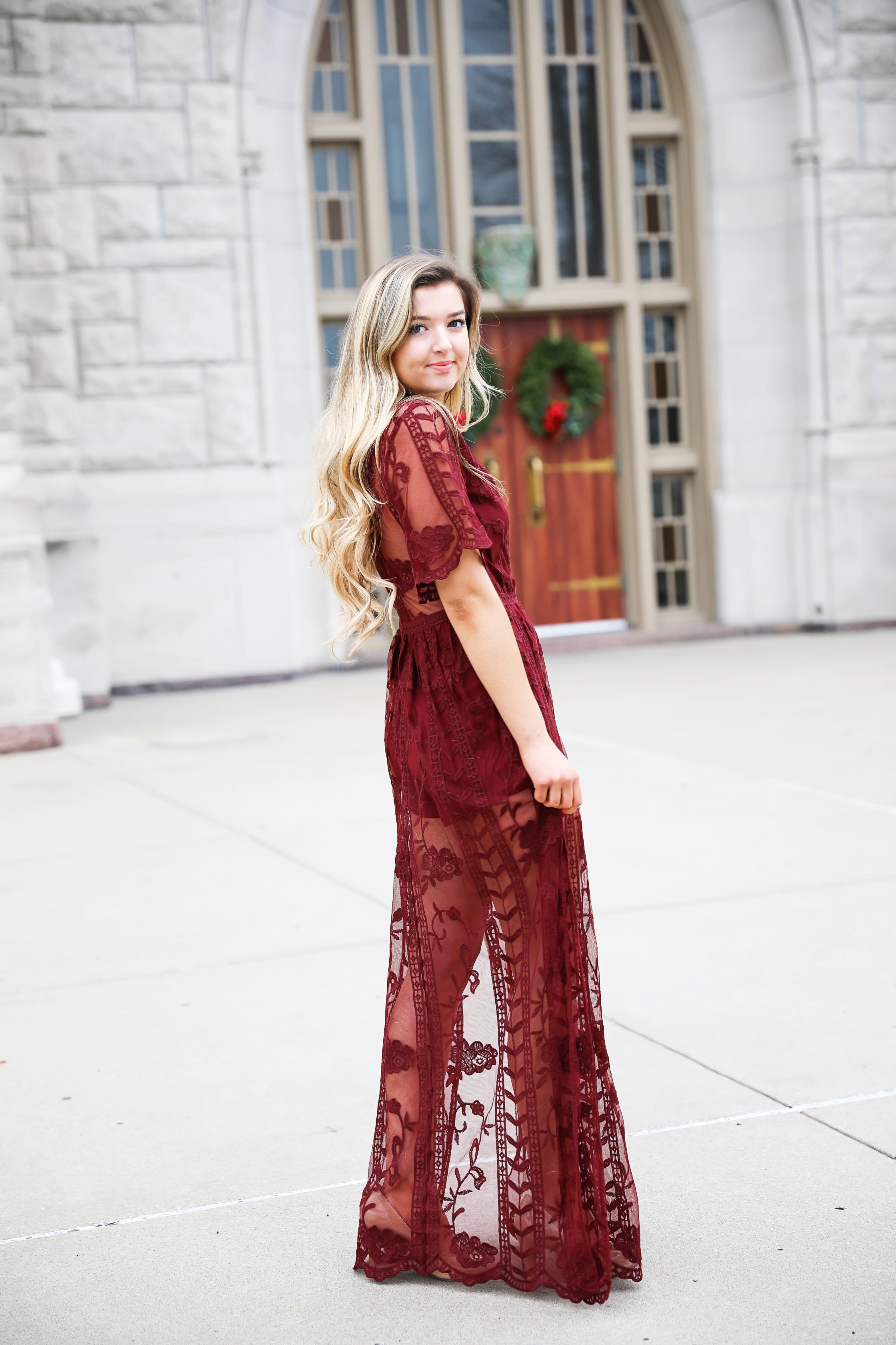 Red lace romper maxi dress for christmas! The cutest holiday dress! What I wore on christmas eve this year. Christmas Day outfit. Details on fashion blog daily dose of charm by lauren lindmark