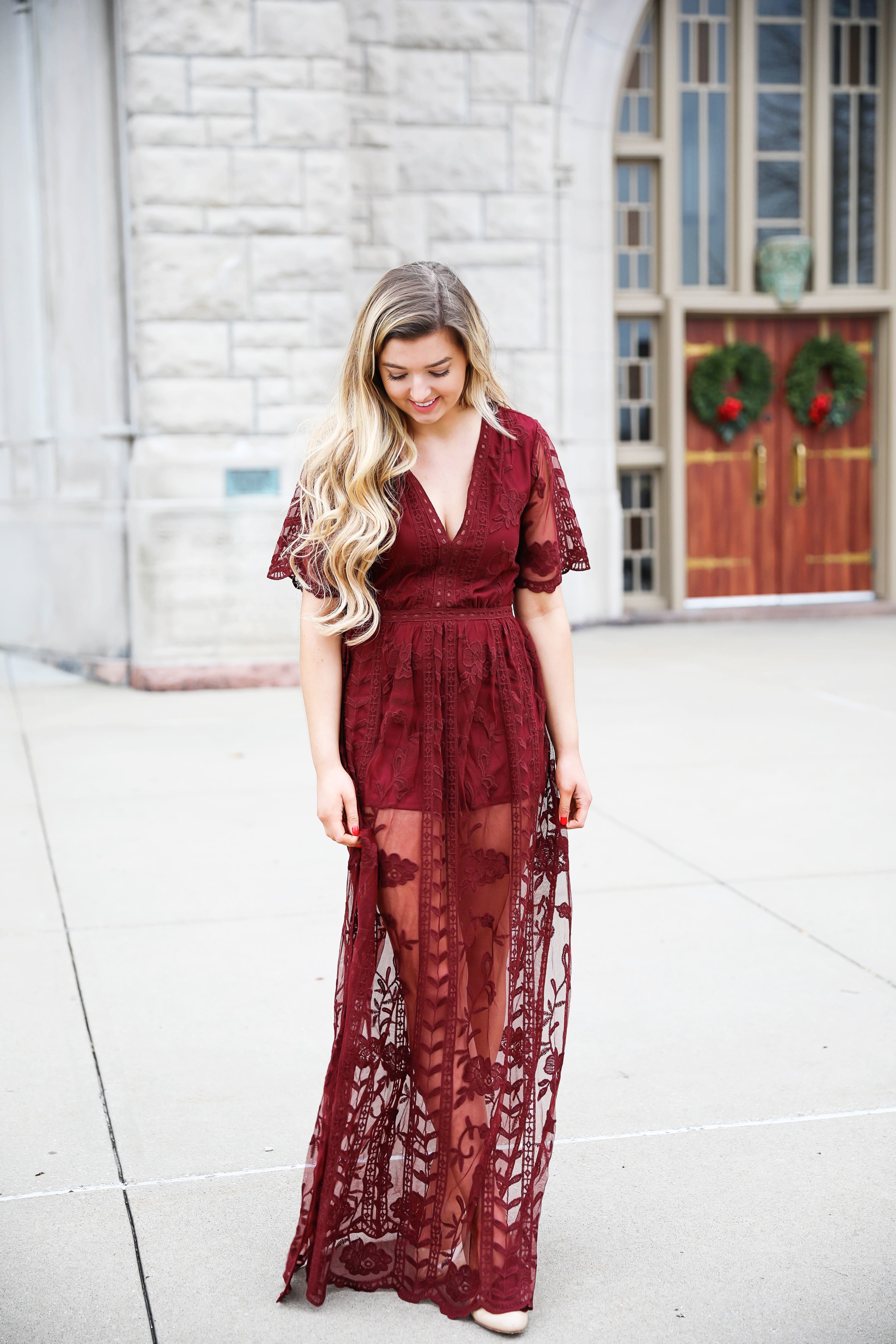 Red lace romper maxi dress for christmas! The cutest holiday dress! What I wore on christmas eve this year. Christmas Day outfit. Details on fashion blog daily dose of charm by lauren lindmark