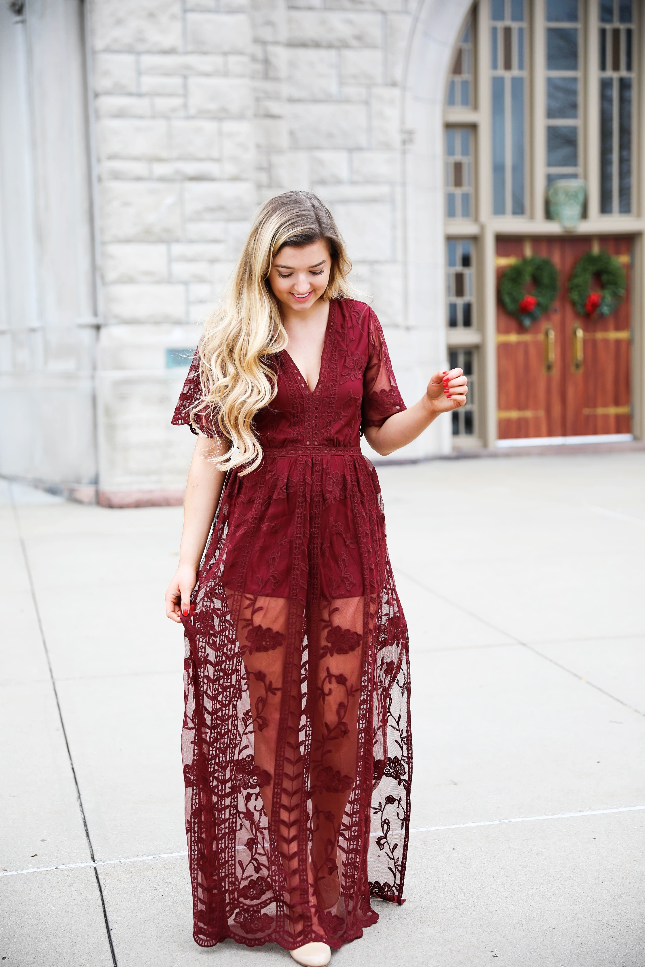 Red lace romper maxi dress for christmas! The cutest holiday dress! What I wore on christmas eve this year. Christmas Day outfit. Details on fashion blog daily dose of charm by lauren lindmark