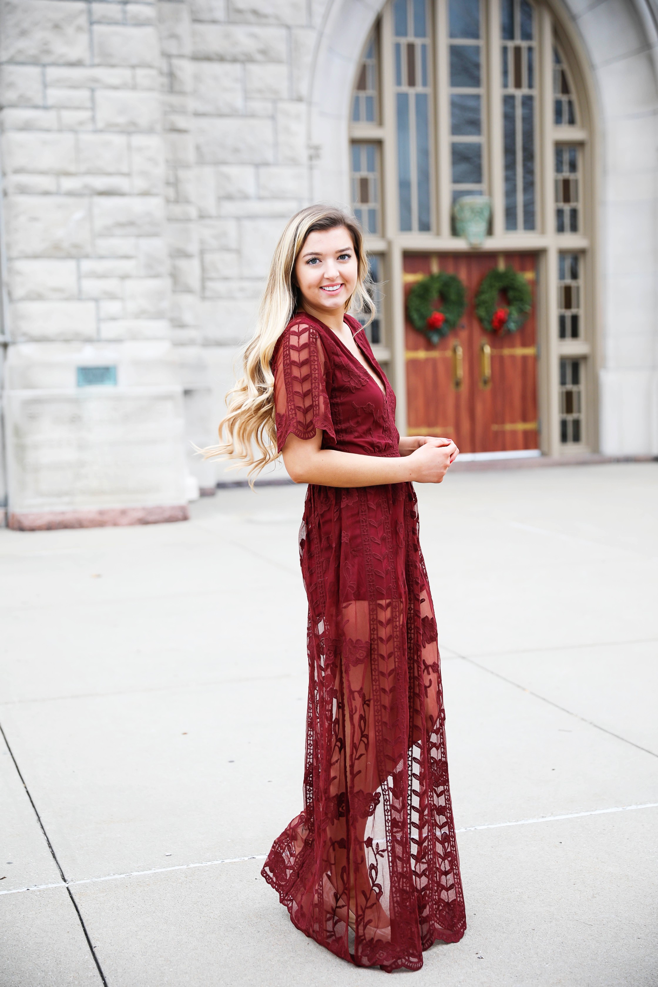 Red lace romper maxi dress for christmas! The cutest holiday dress! What I wore on christmas eve this year. Christmas Day outfit. Details on fashion blog daily dose of charm by lauren lindmark