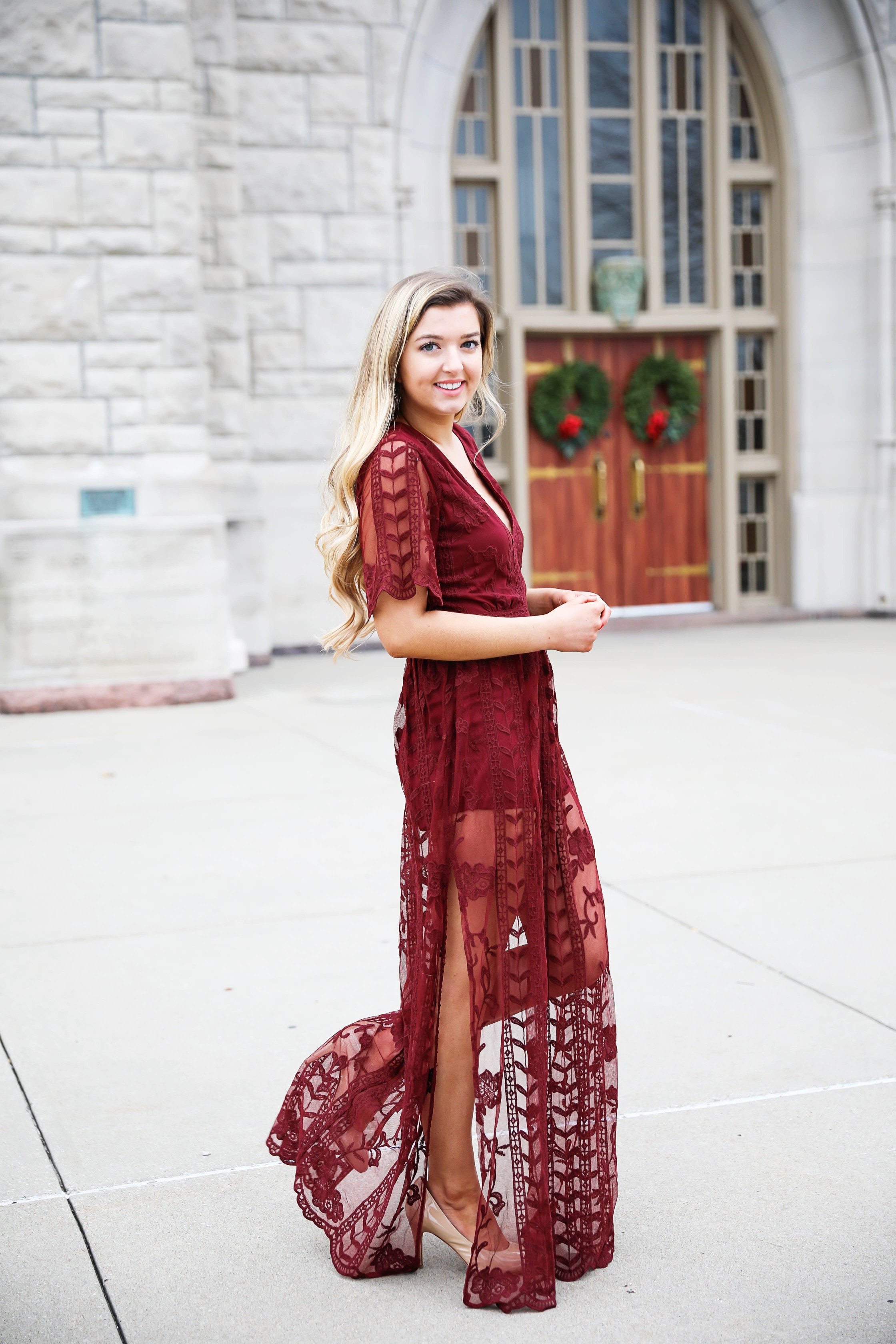 Red lace maxi store romper