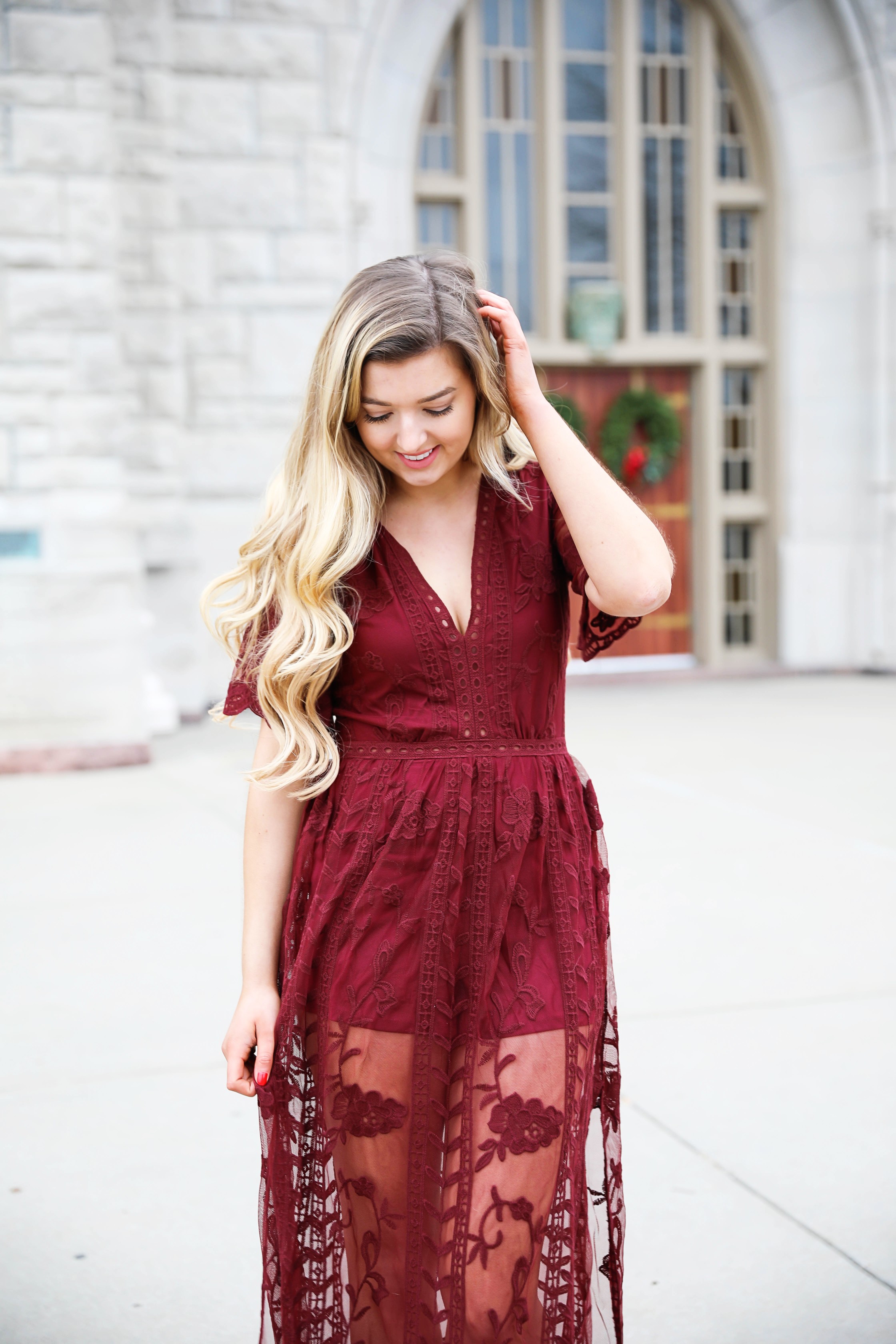 Red lace romper maxi dress for christmas! The cutest holiday dress! What I wore on christmas eve this year. Christmas Day outfit. Details on fashion blog daily dose of charm by lauren lindmark