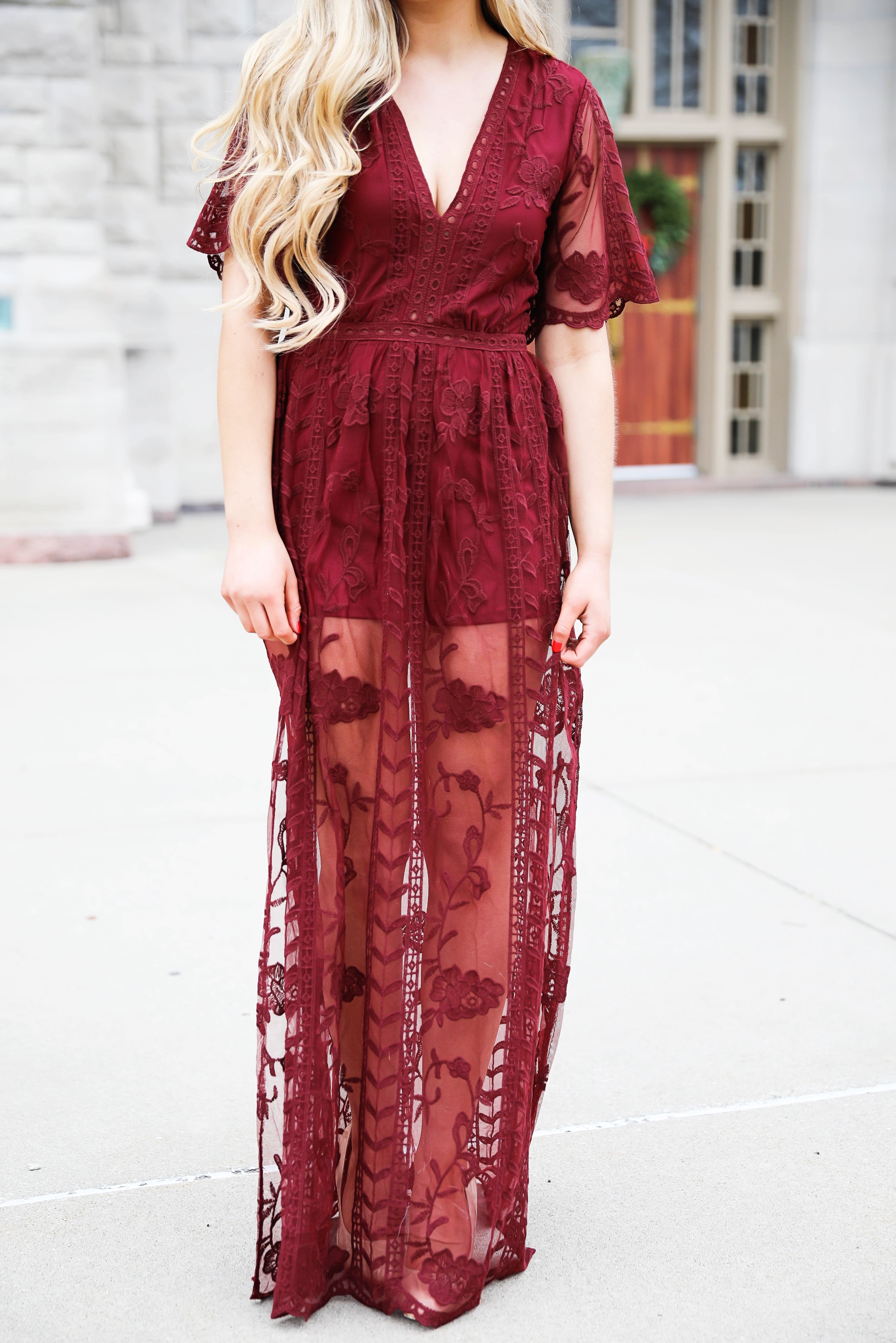 Red lace romper maxi dress for christmas! The cutest holiday dress! What I wore on christmas eve this year. Christmas Day outfit. Details on fashion blog daily dose of charm by lauren lindmark