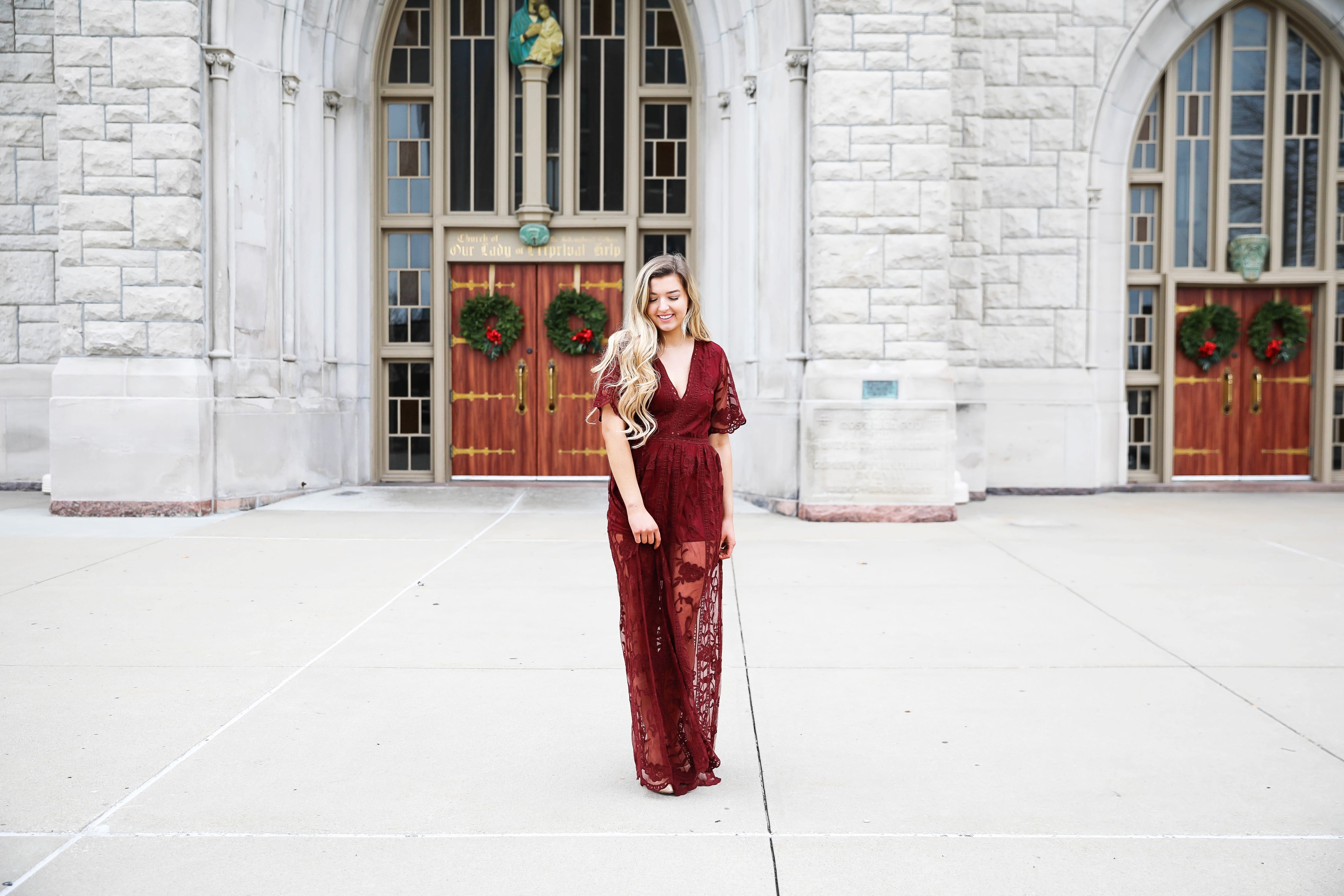 Red lace romper maxi dress for christmas! The cutest holiday dress! What I wore on christmas eve this year. Christmas Day outfit. Details on fashion blog daily dose of charm by lauren lindmark
