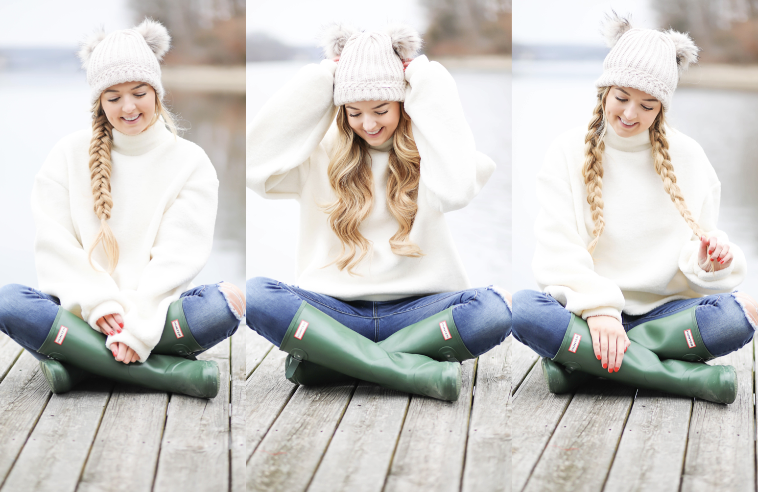 Cozy soft sweater and pom pom beanie! How to wear your hair with a beanie! Beanie hairstyle ideas! Get the details on fashion blog daily dose of charm by lauren lindmark