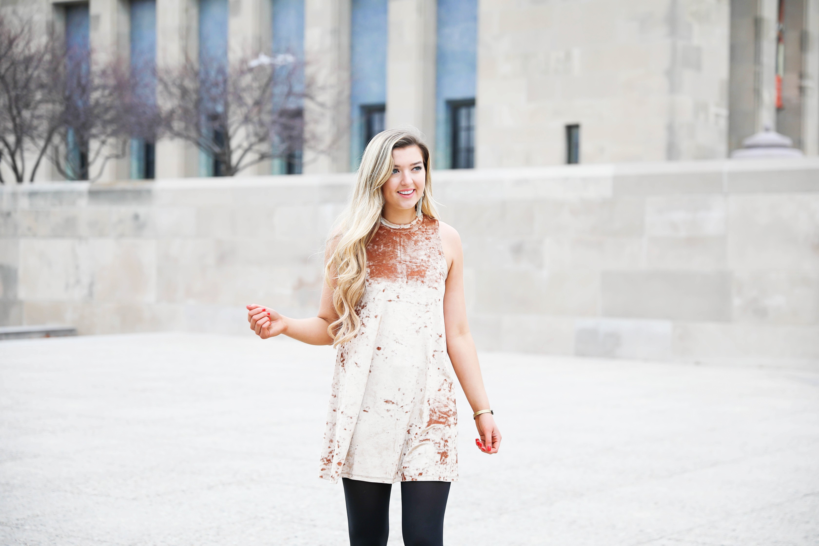 Velvet dress wtih black tights and black heels! The cutest new years eve outfit! Classy nye look! This dress holiday outfit is on the blog daily dose of charm by lauren lindmark! Click for details!