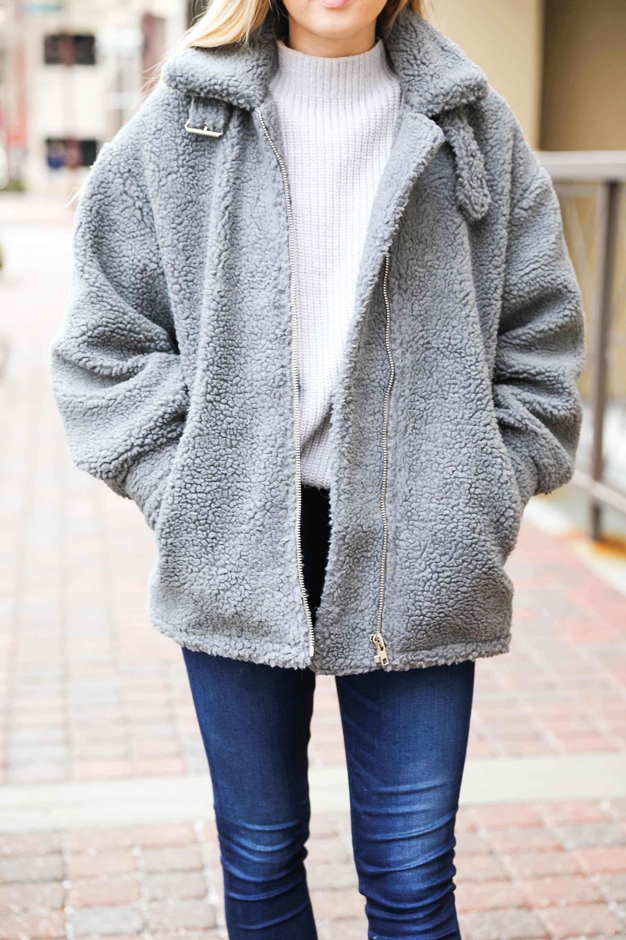 Fuzzy grey aviator coat! Paired this soft jacket with my favorite ray ban blue mirrored aviators! Details on fashion blog daily dose of charm by lauren lindmark