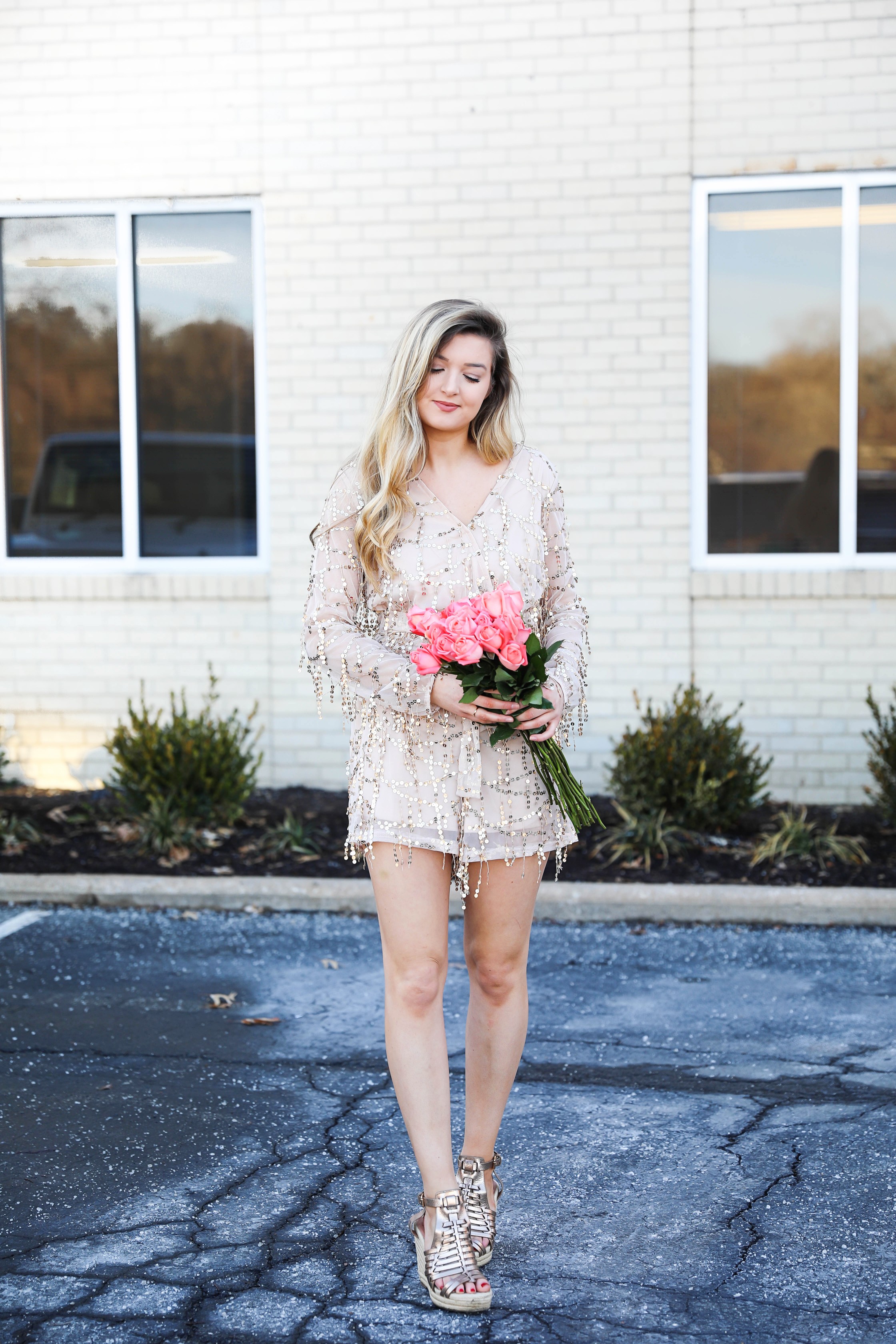Gold sequin romper from MissGuided! Valentine's day romper! Girly date outfit! Blogger with rose bouquet on fashion blog daily dose of charm by lauren lindmark