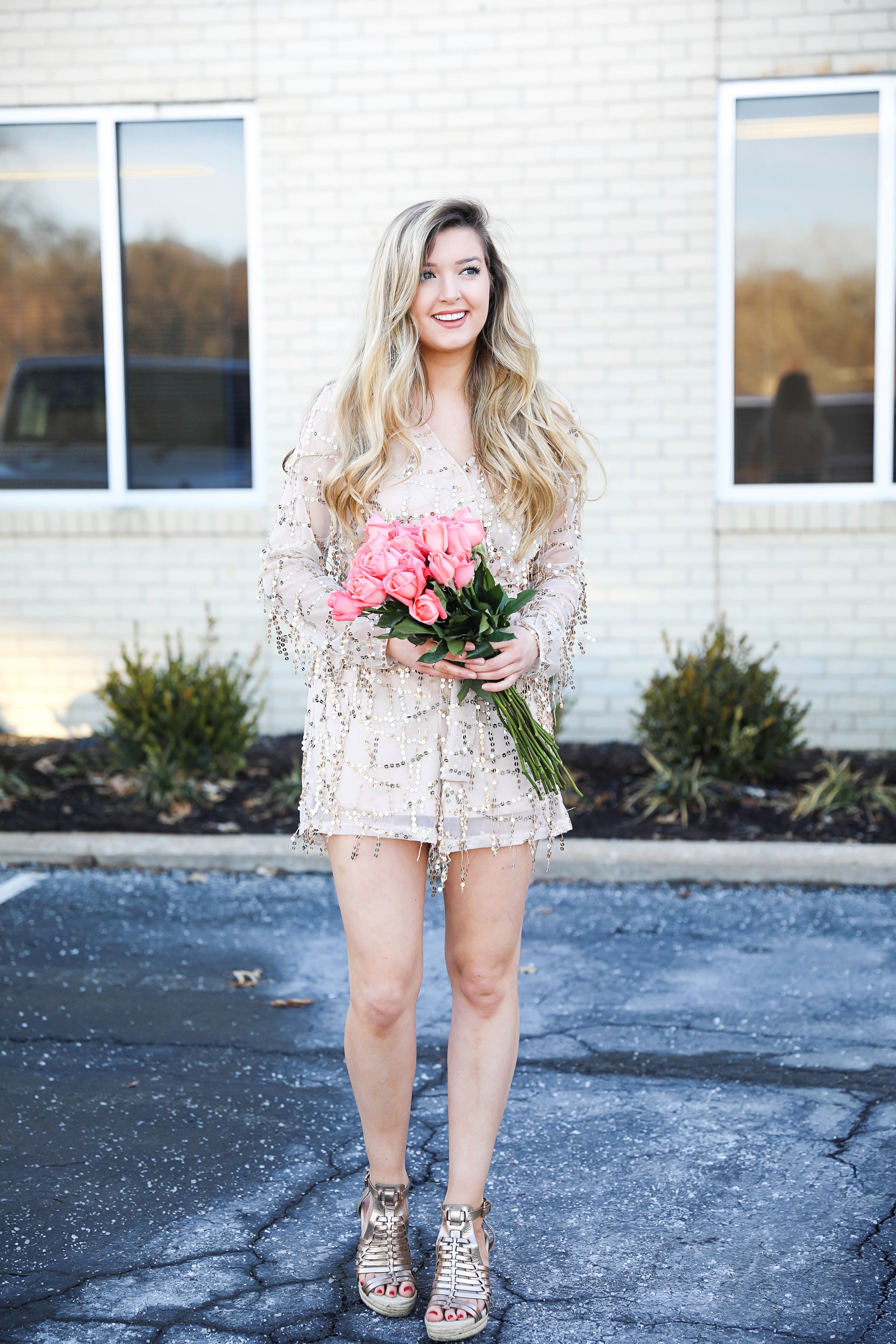 Gold sequin romper from MissGuided! Valentine's day romper! Girly date outfit! Blogger with rose bouquet on fashion blog daily dose of charm by lauren lindmark