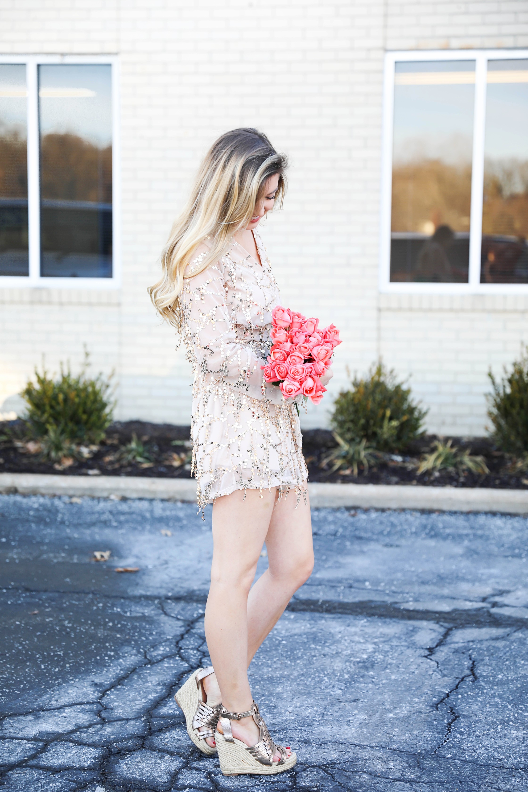 Gold sequin romper from MissGuided! Valentine's day romper! Girly date outfit! Blogger with rose bouquet on fashion blog daily dose of charm by lauren lindmark