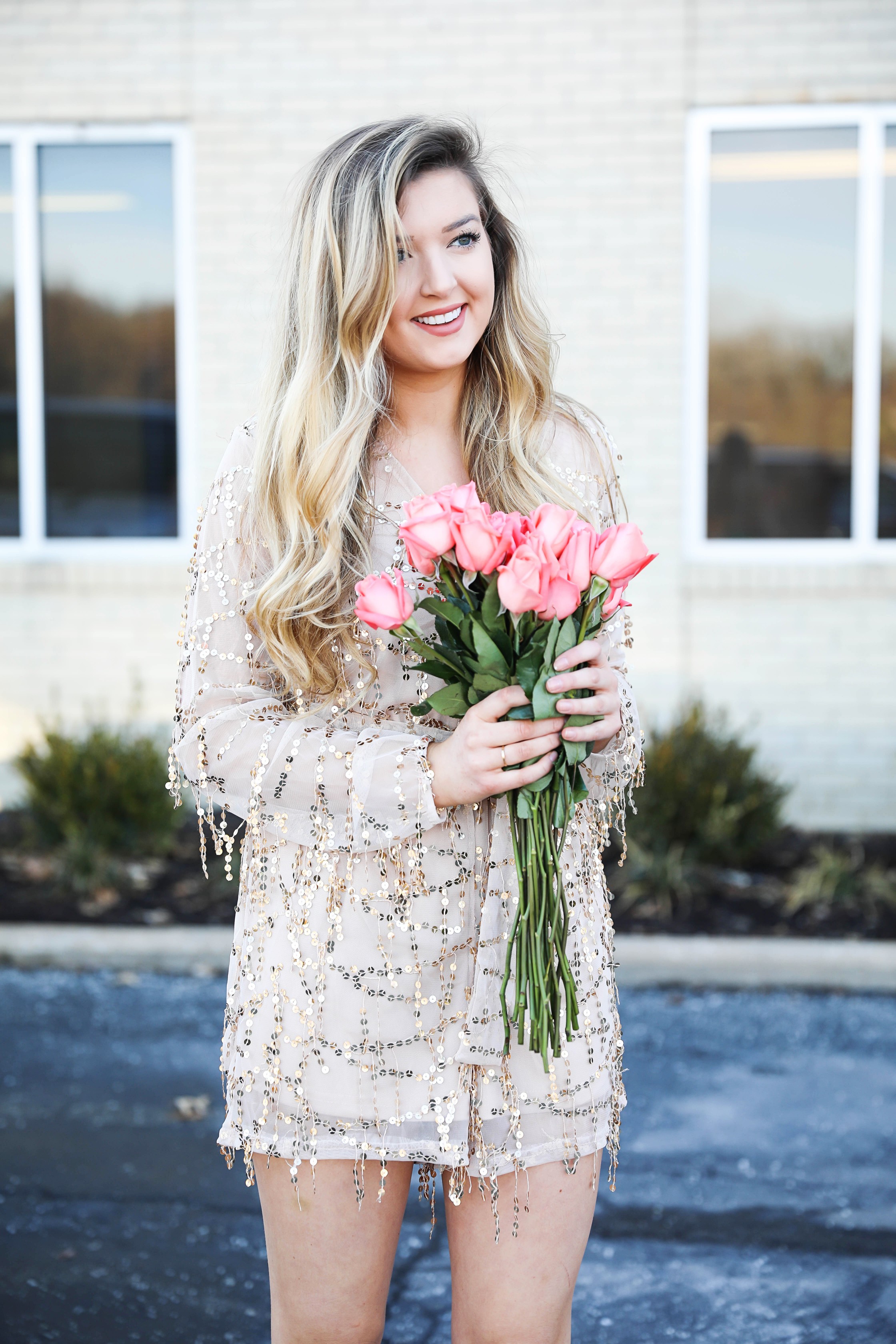 Gold sequin romper from MissGuided! Valentine's day romper! Girly date outfit! Blogger with rose bouquet on fashion blog daily dose of charm by lauren lindmark