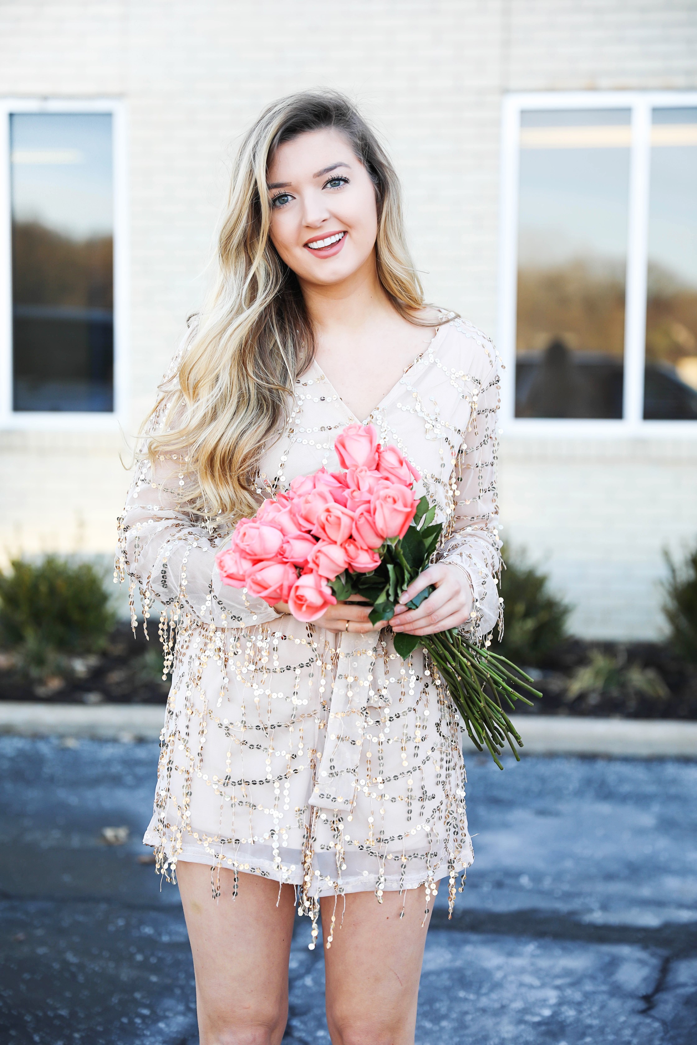 Gold sequin romper from MissGuided! Valentine's day romper! Girly date outfit! Blogger with rose bouquet on fashion blog daily dose of charm by lauren lindmark