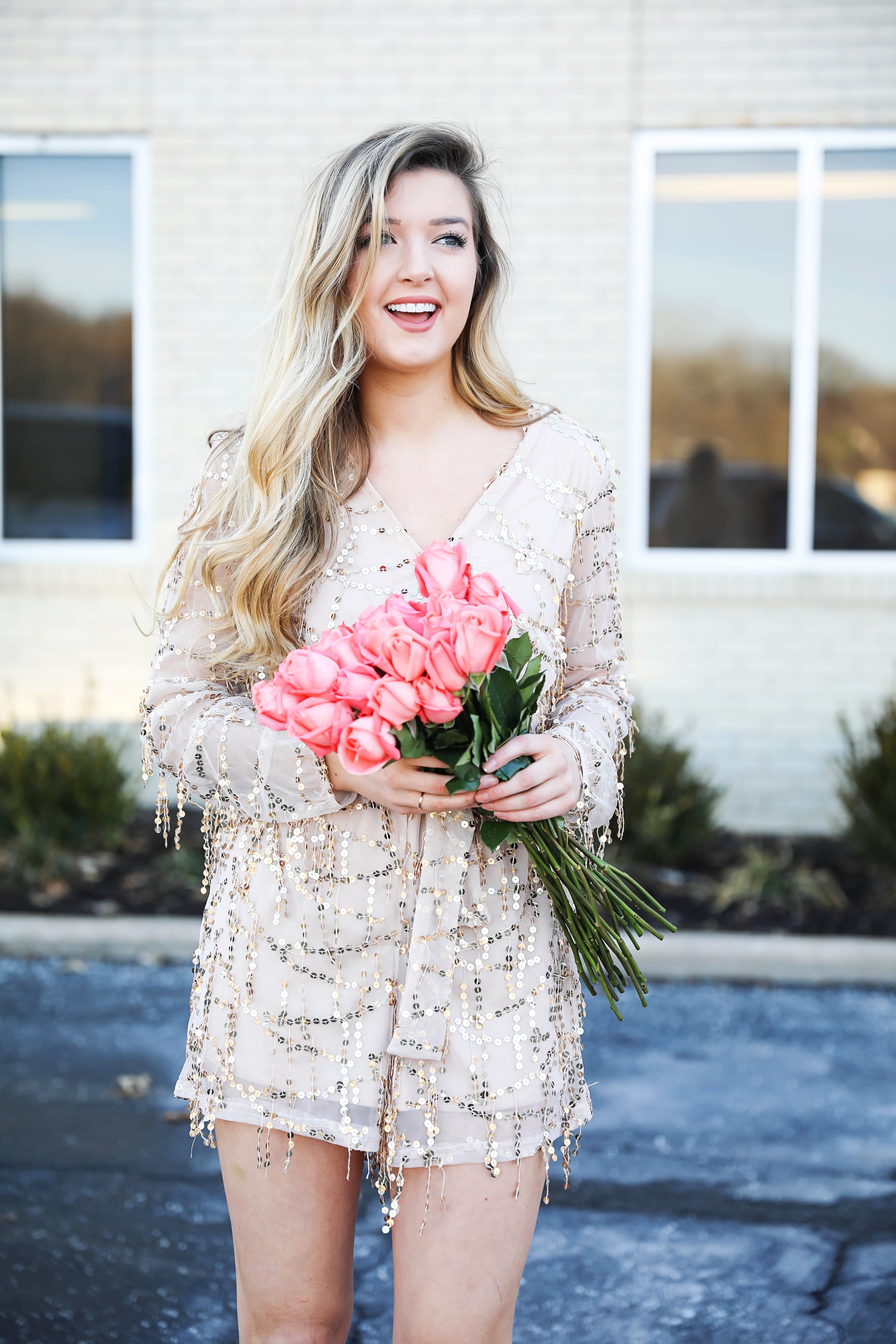 Gold sequin romper from MissGuided! Valentine's day romper! Girly date outfit! Blogger with rose bouquet on fashion blog daily dose of charm by lauren lindmark