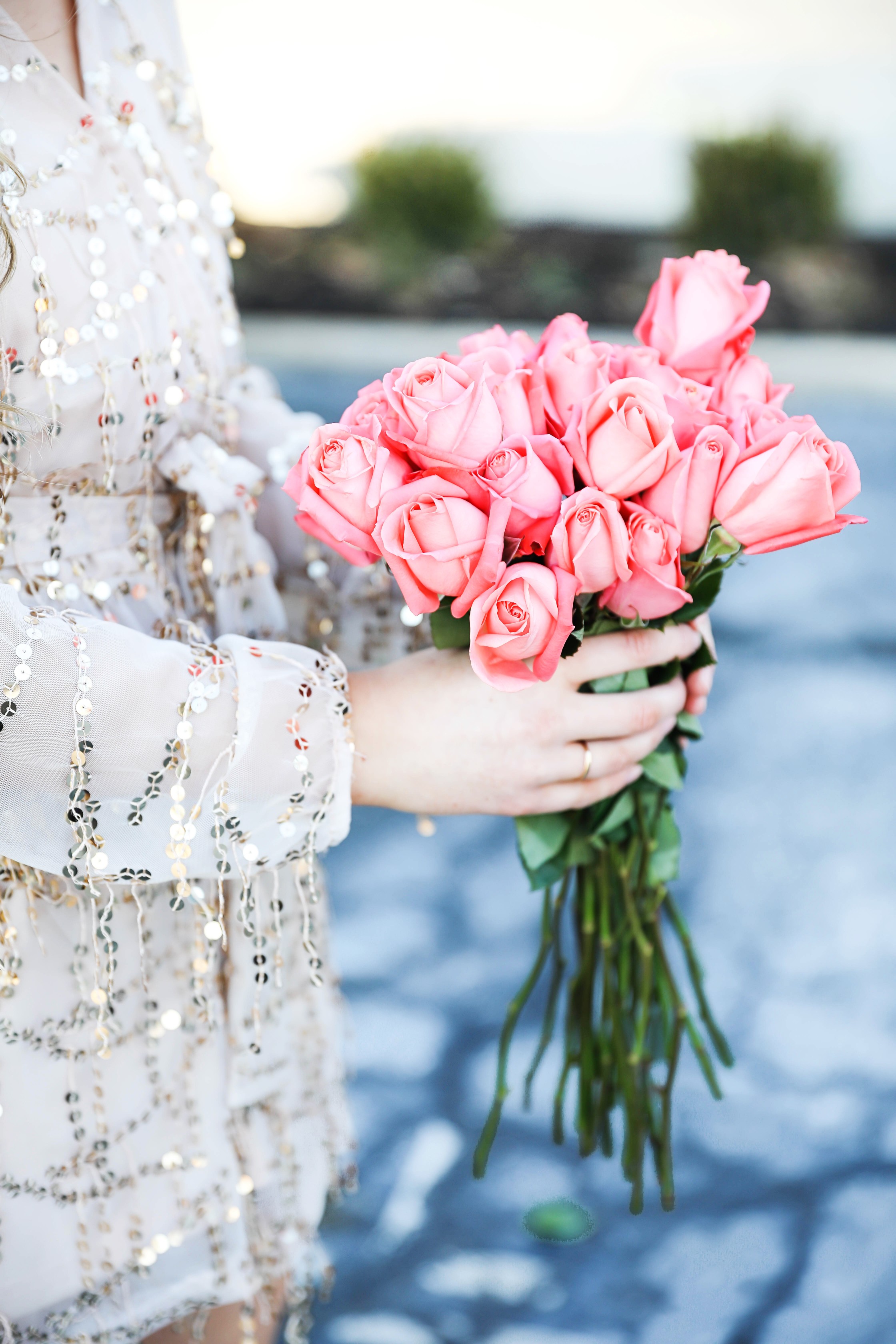 Gold sequin romper from MissGuided! Valentine's day romper! Girly date outfit! Blogger with rose bouquet on fashion blog daily dose of charm by lauren lindmark