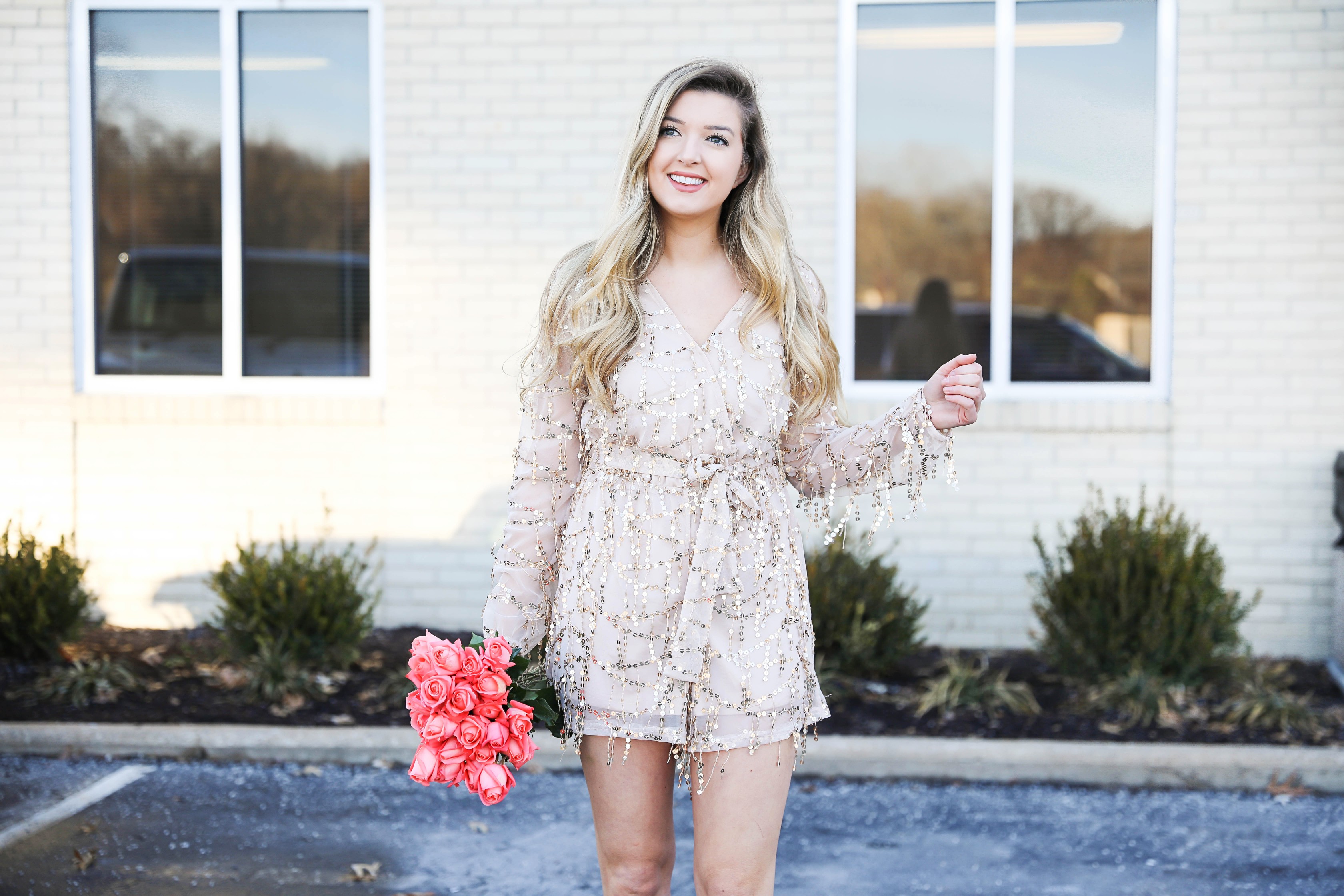 Gold sequin romper from MissGuided! Valentine's day romper! Girly date outfit! Blogger with rose bouquet on fashion blog daily dose of charm by lauren lindmark