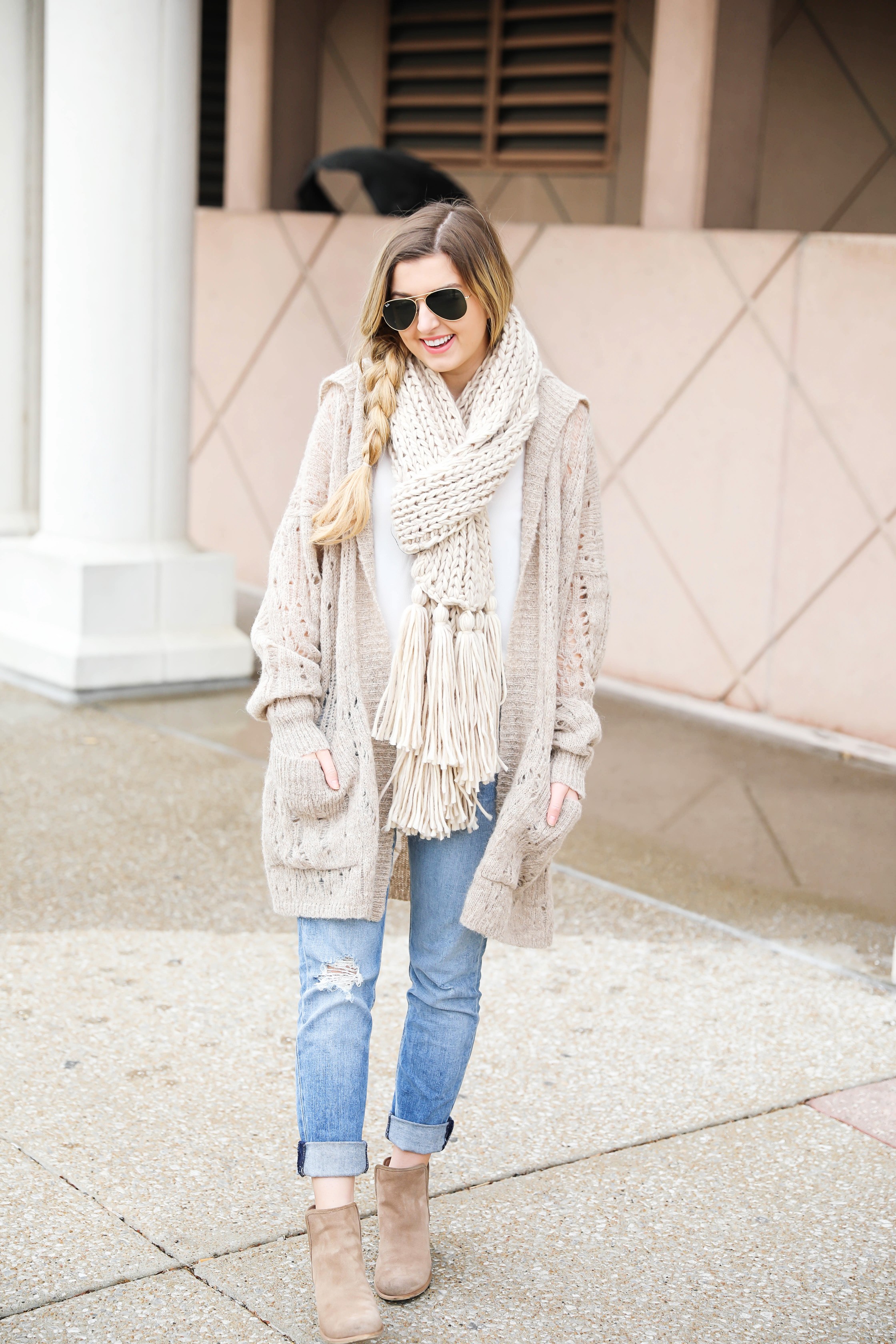 Hooded Free People cardigan! I love this knit cardigan paired with this cozy knit scarf! fit I paired this outfit with my mom jeans to finish the look! Details on fashion blog daily dose of charm by lauren lindmark