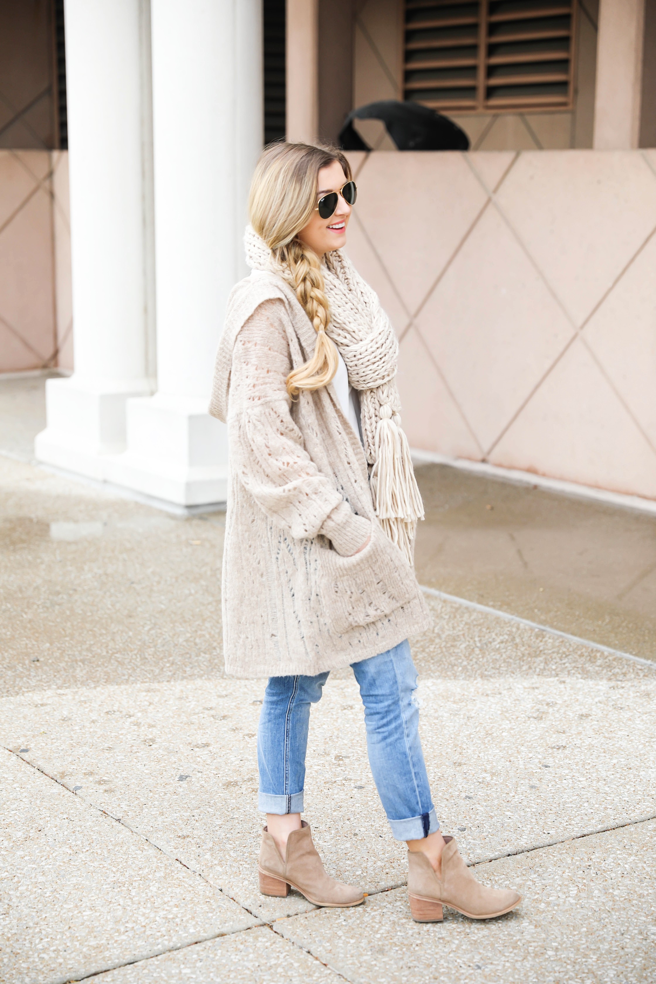 Hooded Free People cardigan! I love this knit cardigan paired with this cozy knit scarf! fit I paired this outfit with my mom jeans to finish the look! Details on fashion blog daily dose of charm by lauren lindmark